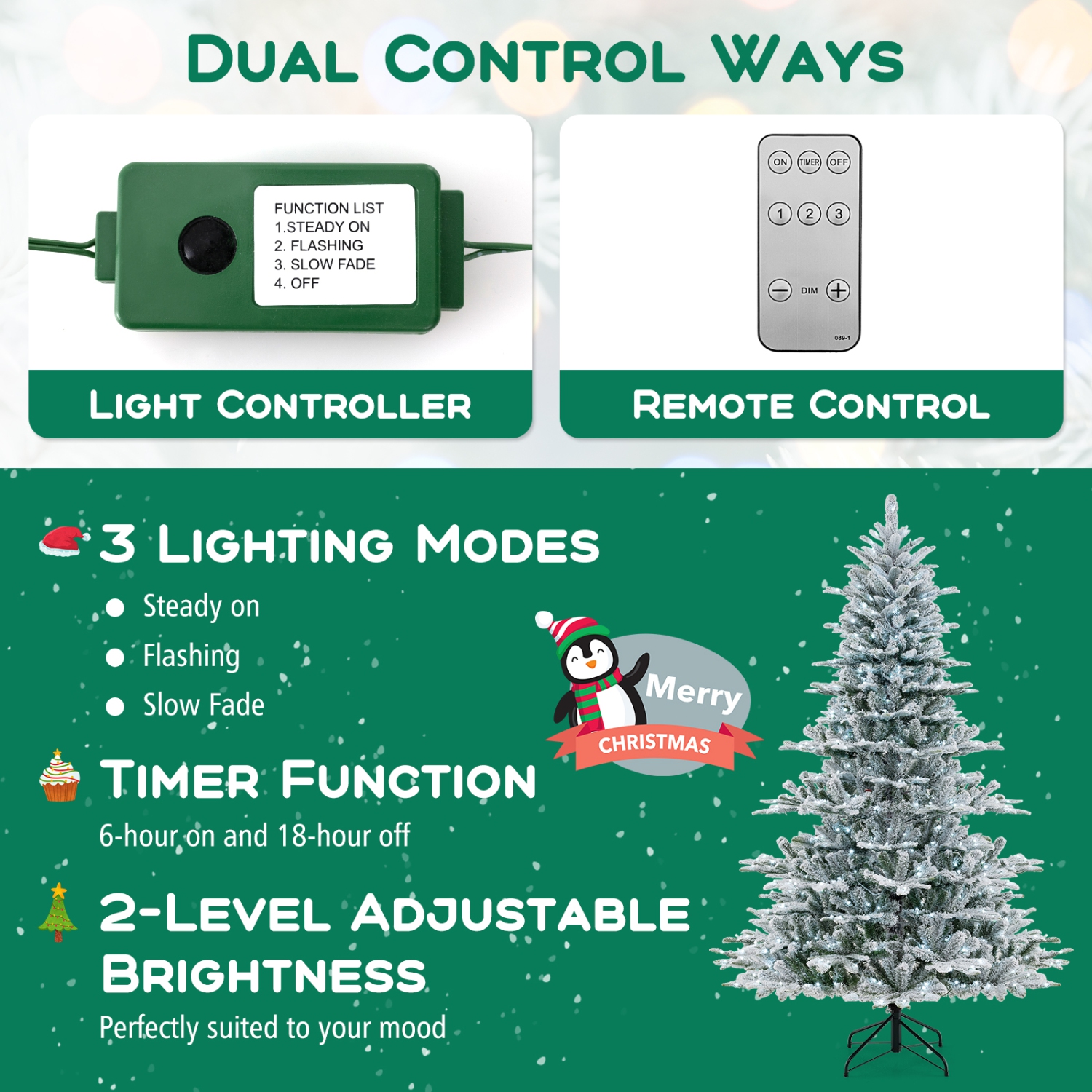 Arbre de Noël artificiel floqué de 7 pi avec 1119 pointes en PVC et en PE de Costway, 620 lumières à DEL