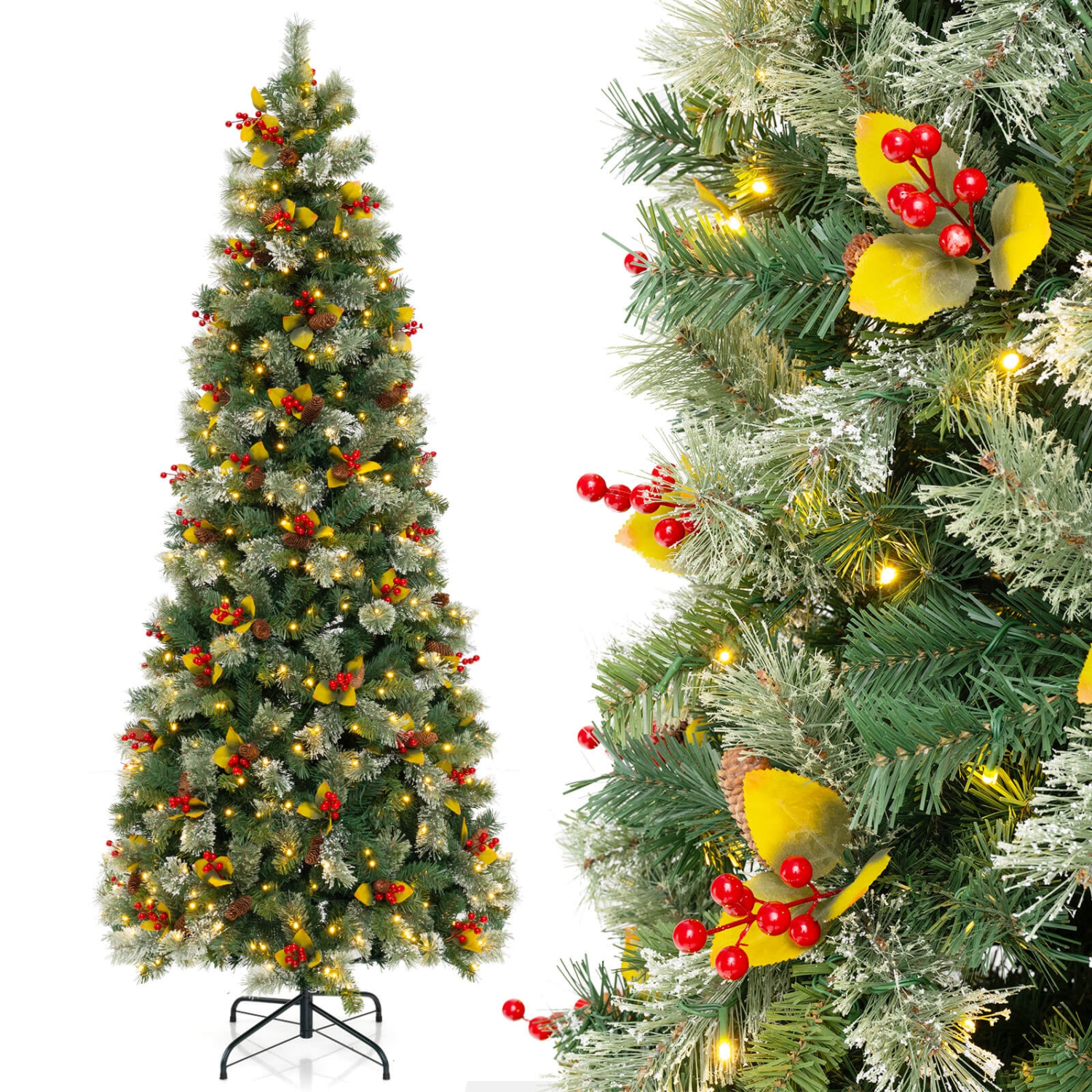 Costway 7.5 FT Artificial Xmas Tree with 1096 Branch Tips 460 Warm White LED Lights