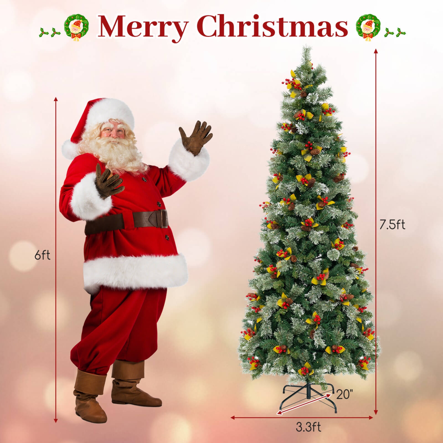 Costway 7.5 FT Artificial Xmas Tree with 1096 Branch Tips 460 Warm White LED Lights