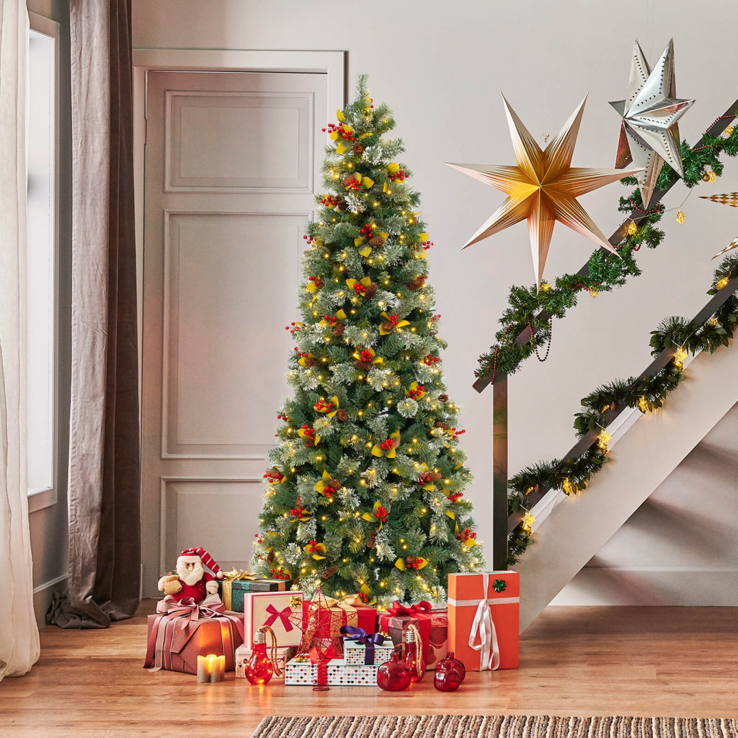 Costway 7.5 FT Artificial Xmas Tree with 1096 Branch Tips 460 Warm White LED Lights