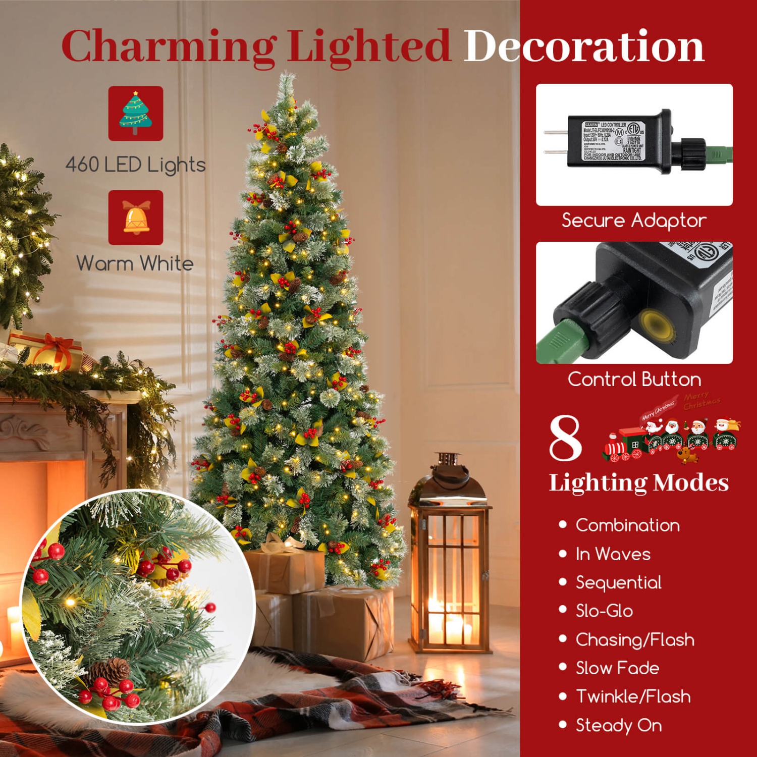 Costway 7.5 FT Artificial Xmas Tree with 1096 Branch Tips 460 Warm White LED Lights