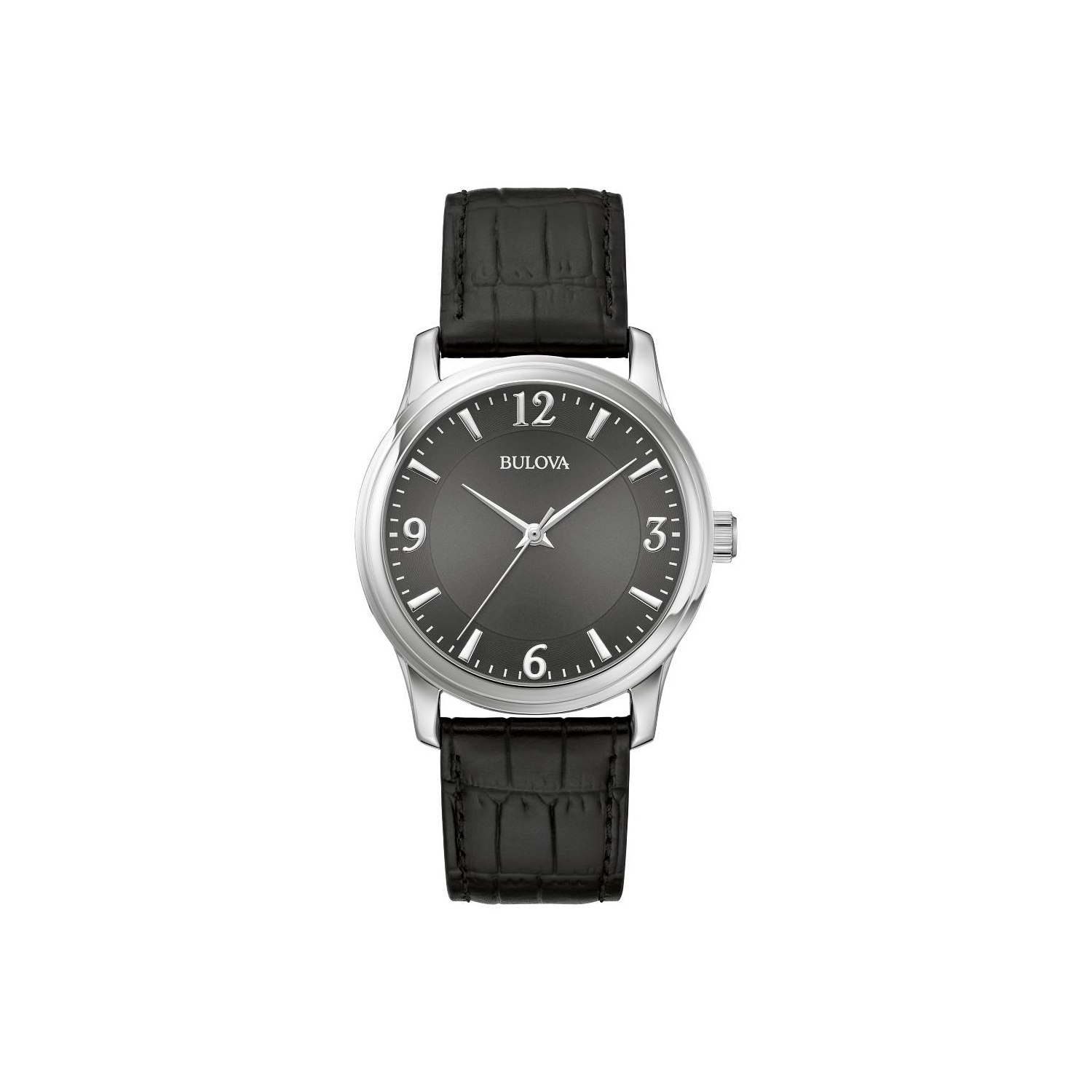 Montre à quartz pour hommes Classic de Bulova 38&nbsp;mm avec boîtier en acier inoxydable argenté Bracelet en cuir noir et cadran gris