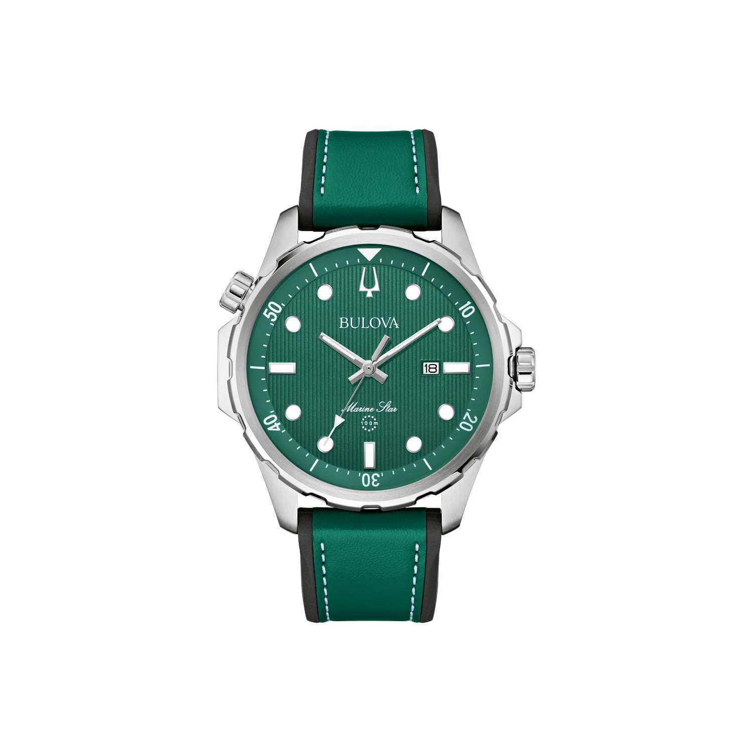 Montre à quartz pour hommes Marine Star de Bulova 46,5&nbsp;mm boîtier inox argenté bracelet cuir vert et bracelet en silicone et cadran vert