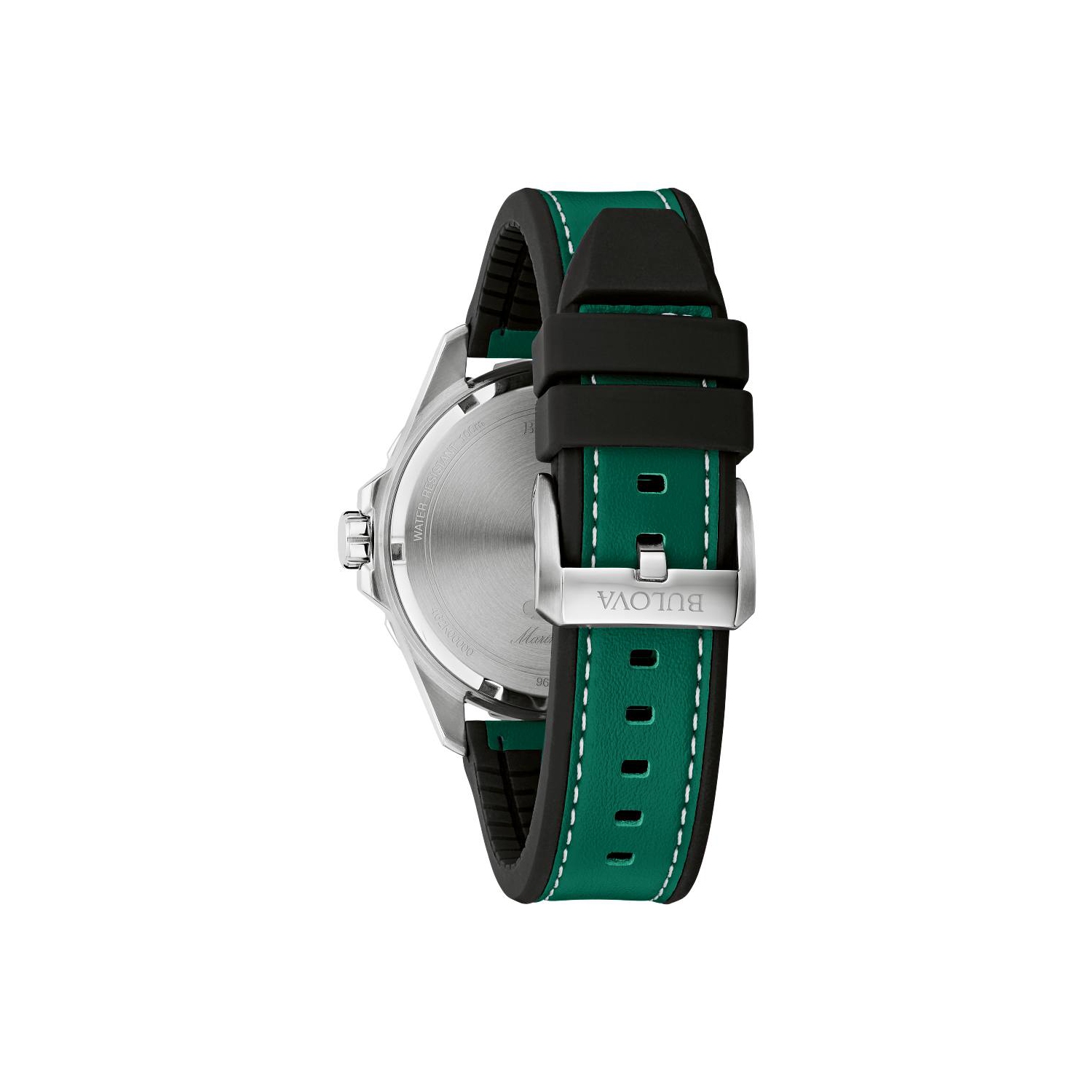 Montre à quartz pour hommes Marine Star de Bulova 46,5&nbsp;mm boîtier inox argenté bracelet cuir vert et bracelet en silicone et cadran vert