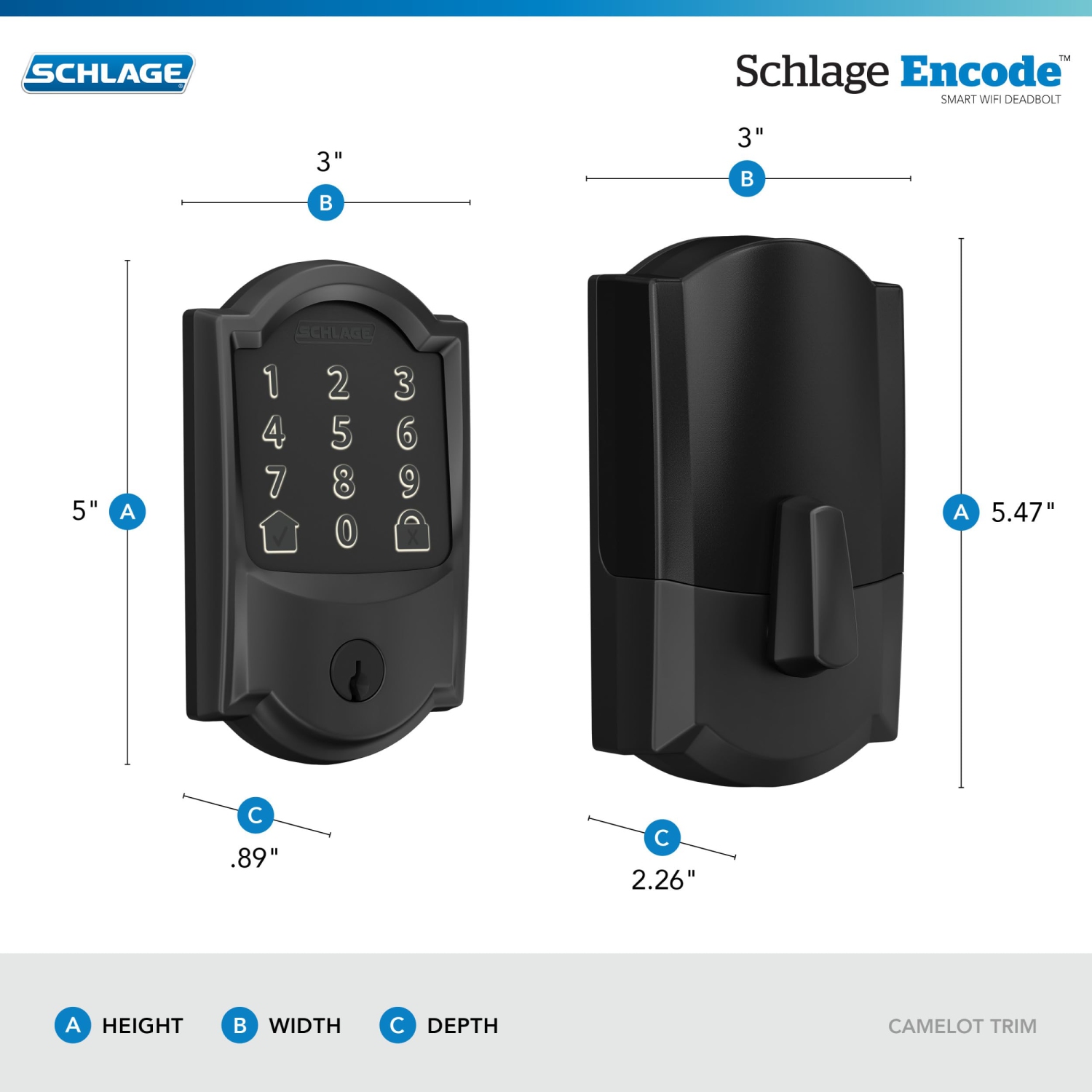 Serrure intelligente à pêne dormant Wi-Fi Encode de Schlage, serrure de porte à écran tactile sans clé avec garniture Camelot, noir mat, BE489WB.
