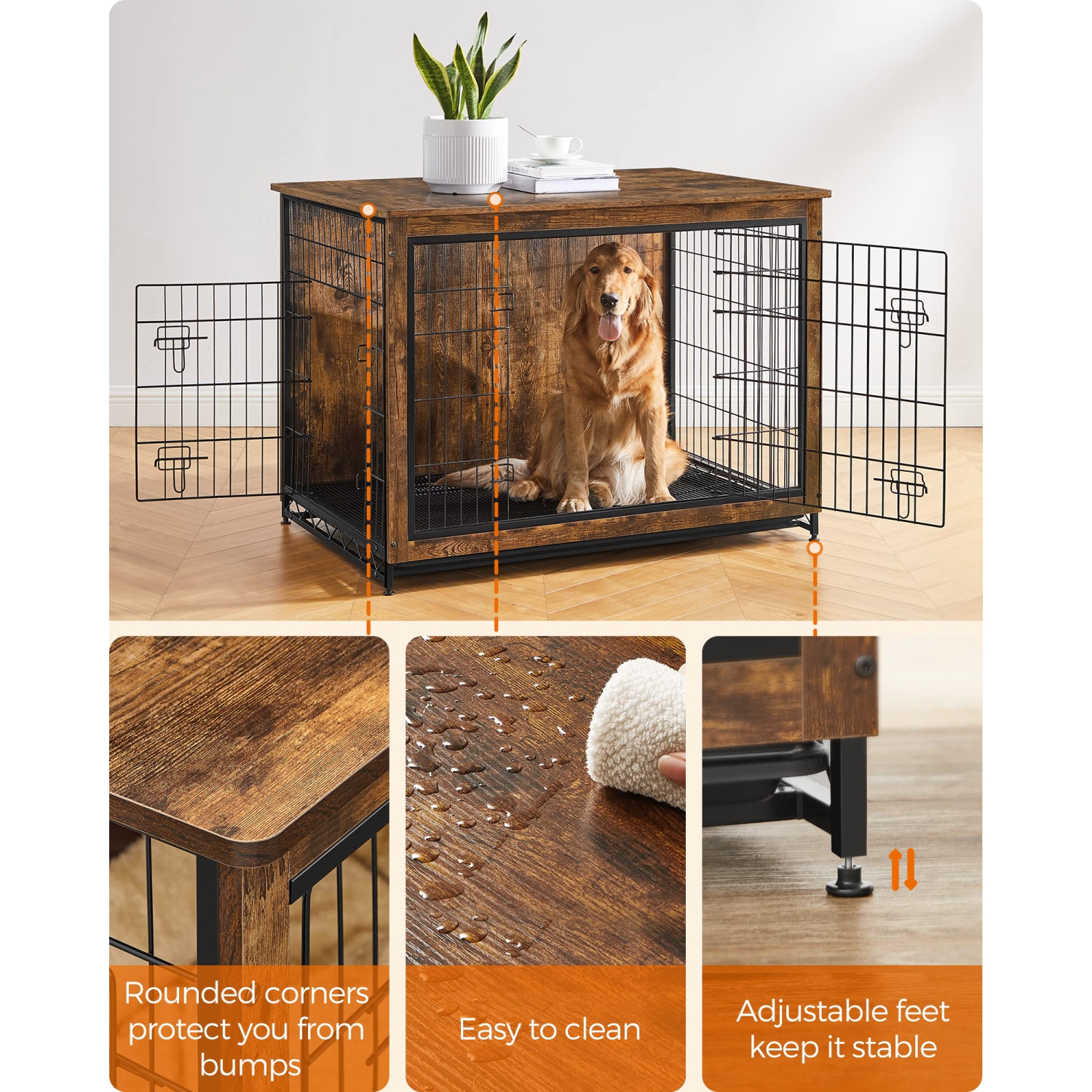 Feandrea Wooden Dog Crate Furniture, 44.1" L Pet Crate Side End Table, Dog Cage with Removable Tray UPFC004X01