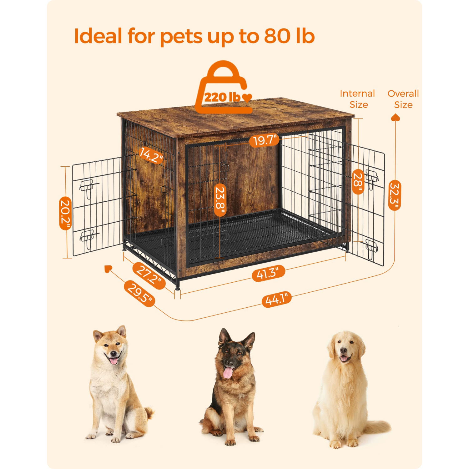 Feandrea Wooden Dog Crate Furniture, 44.1" L Pet Crate Side End Table, Dog Cage with Removable Tray UPFC004X01