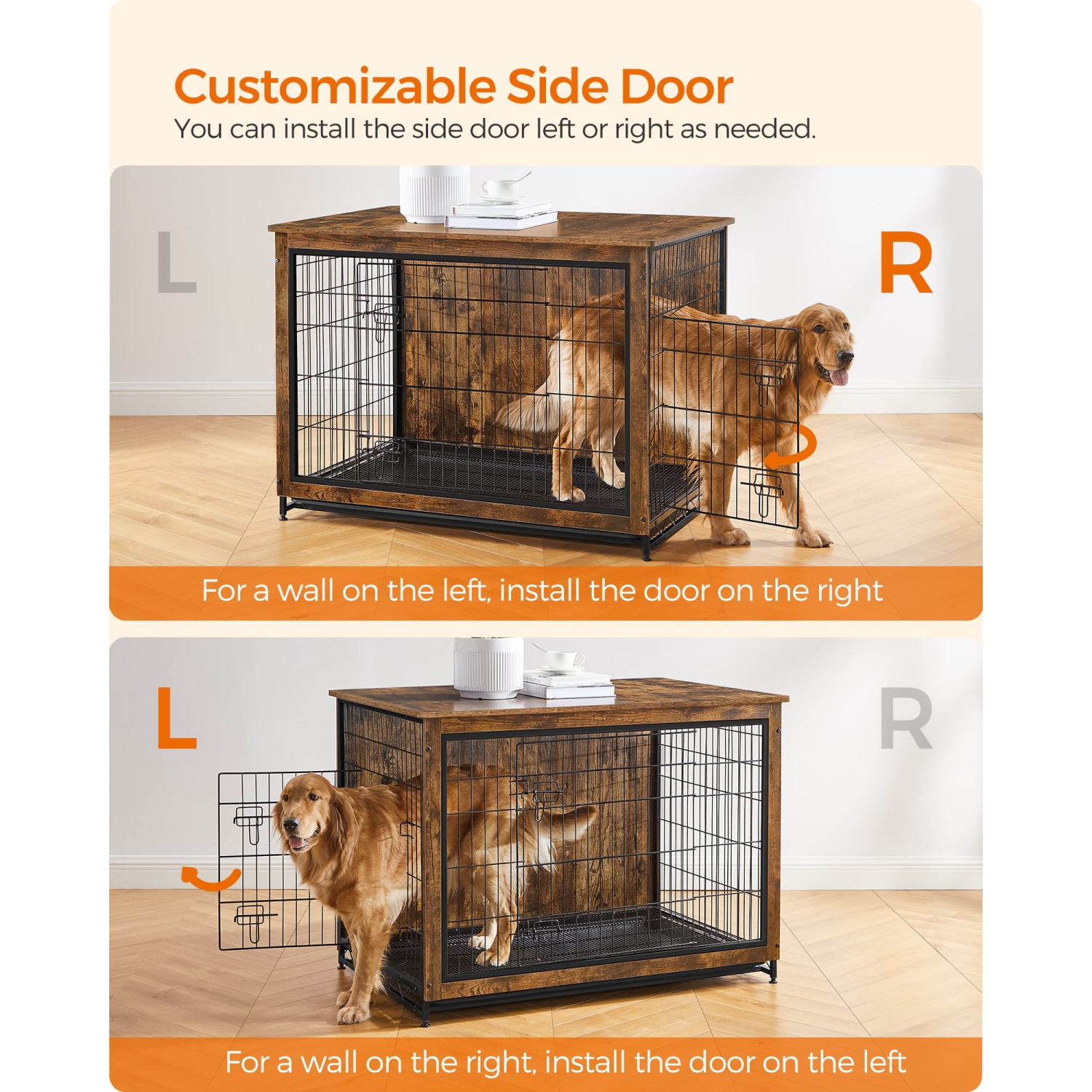 Feandrea Wooden Dog Crate Furniture, 44.1" L Pet Crate Side End Table, Dog Cage with Removable Tray UPFC004X01