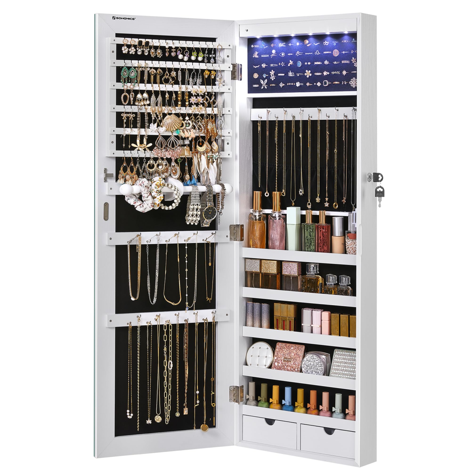 SONGMICS Hanging Jewelry Cabinet, Wall-Mounted Cabinet with LED Interior Lights, Door-Mounted, White UJJC99WT