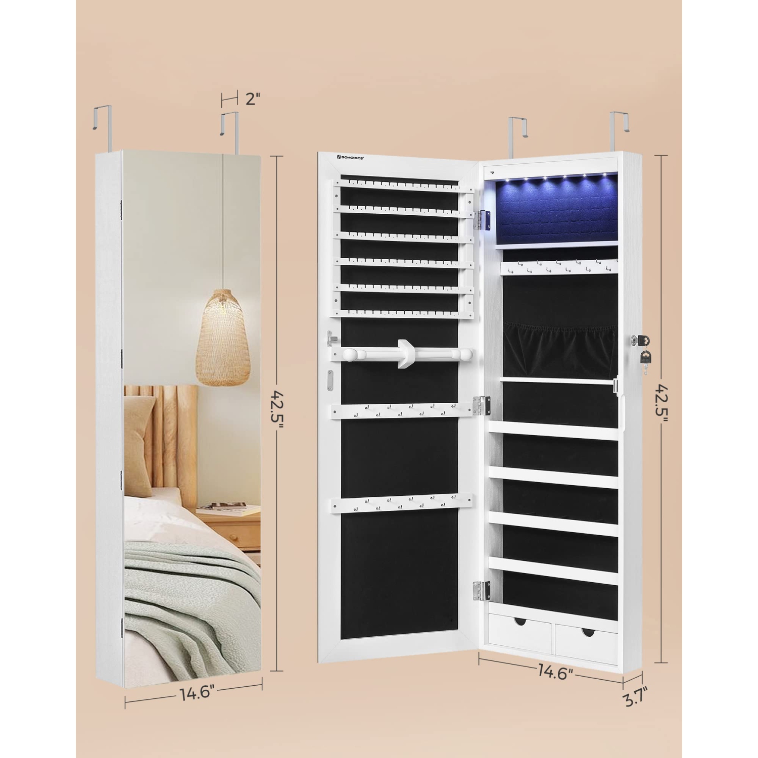 SONGMICS Hanging Jewelry Cabinet, Wall-Mounted Cabinet with LED Interior Lights, Door-Mounted, White UJJC99WT