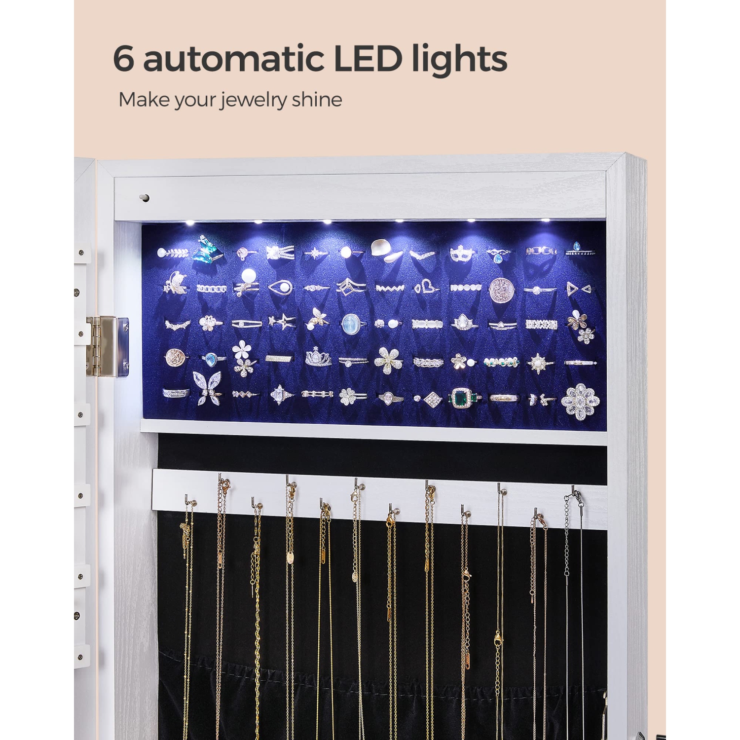 SONGMICS Hanging Jewelry Cabinet, Wall-Mounted Cabinet with LED Interior Lights, Door-Mounted, White UJJC99WT