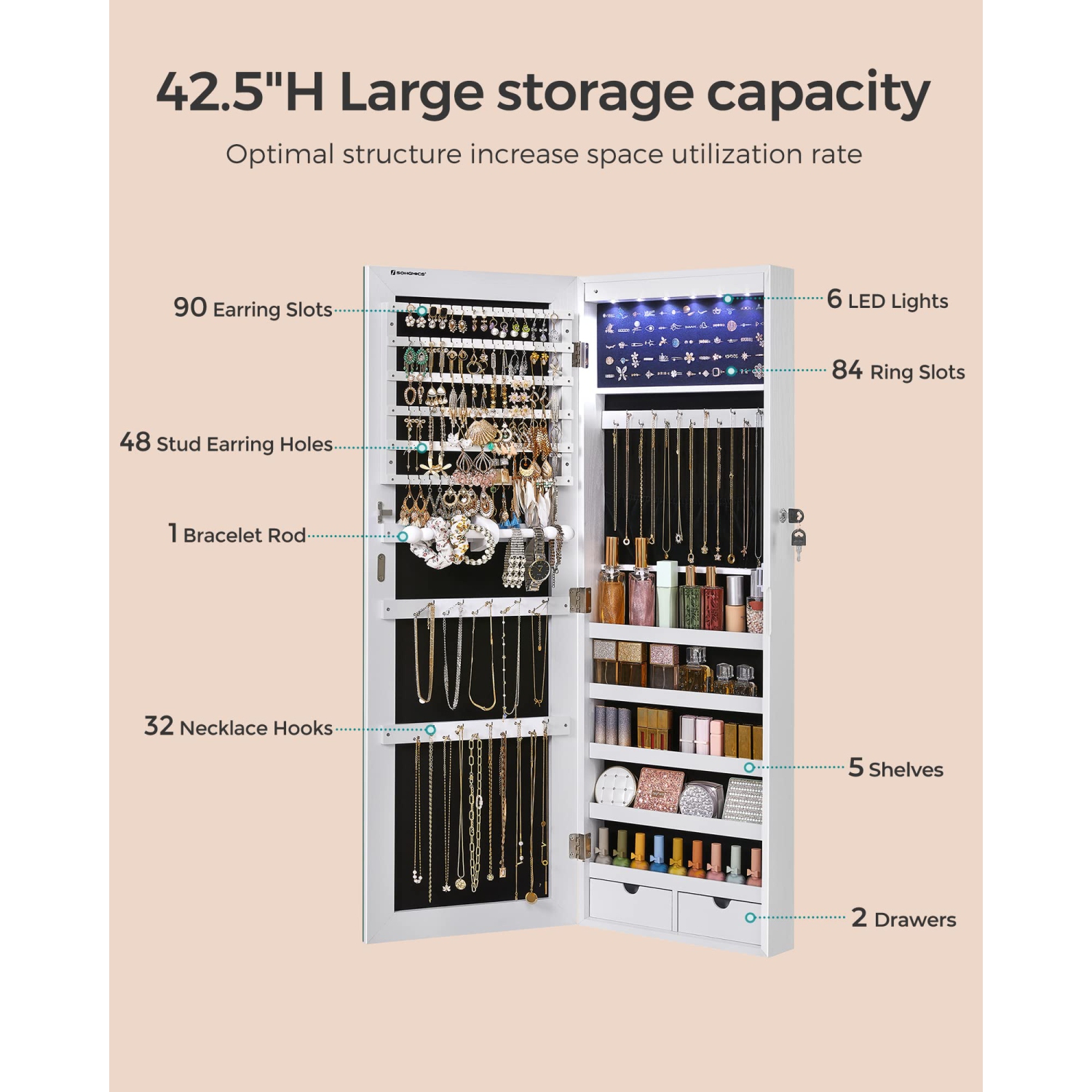 SONGMICS Hanging Jewelry Cabinet, Wall-Mounted Cabinet with LED Interior Lights, Door-Mounted, White UJJC99WT