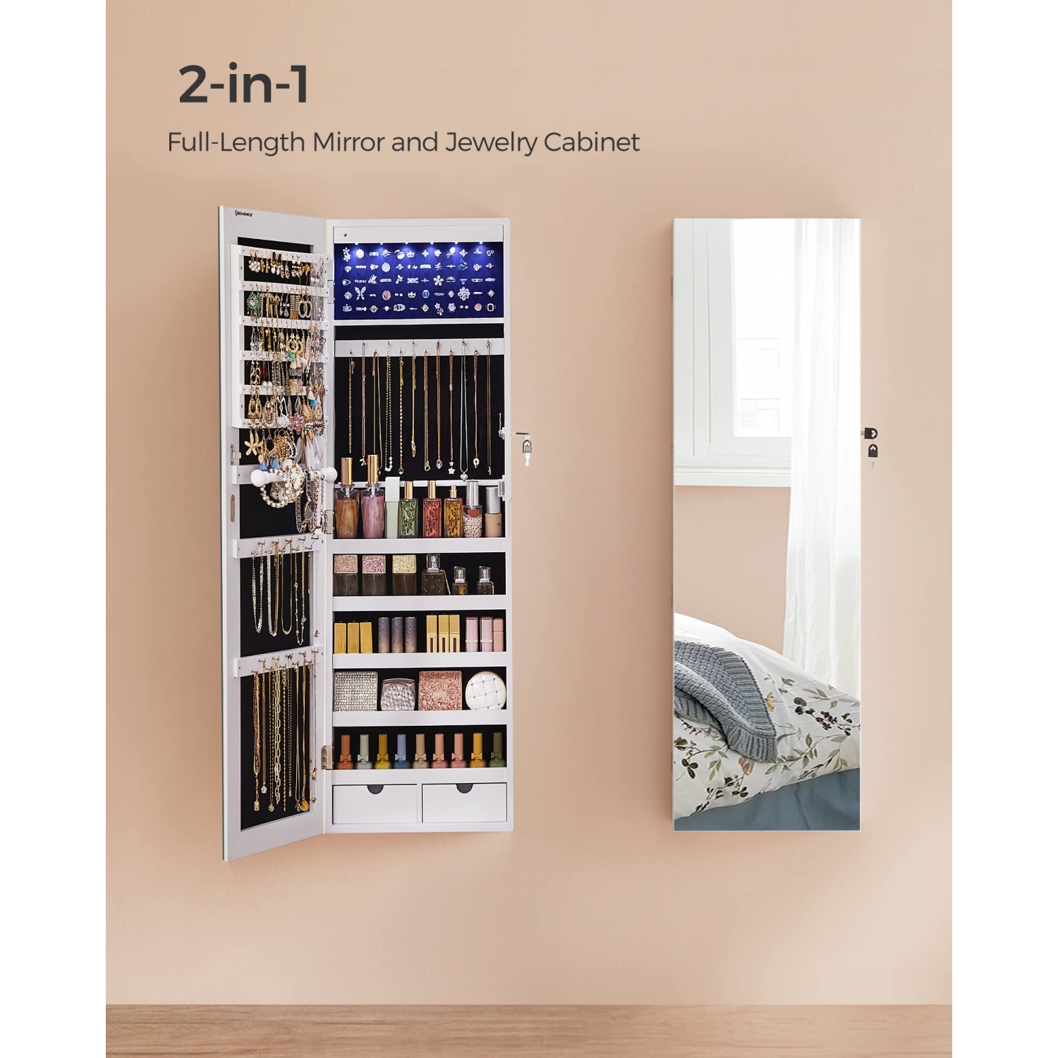 SONGMICS Hanging Jewelry Cabinet, Wall-Mounted Cabinet with LED Interior Lights, Door-Mounted, White UJJC99WT