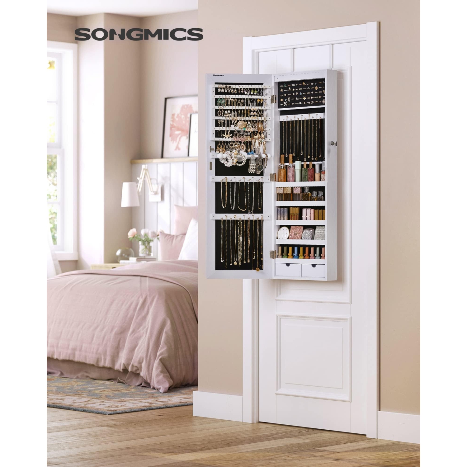SONGMICS Hanging Jewelry Cabinet, Wall-Mounted Cabinet with LED Interior Lights, Door-Mounted, White UJJC99WT