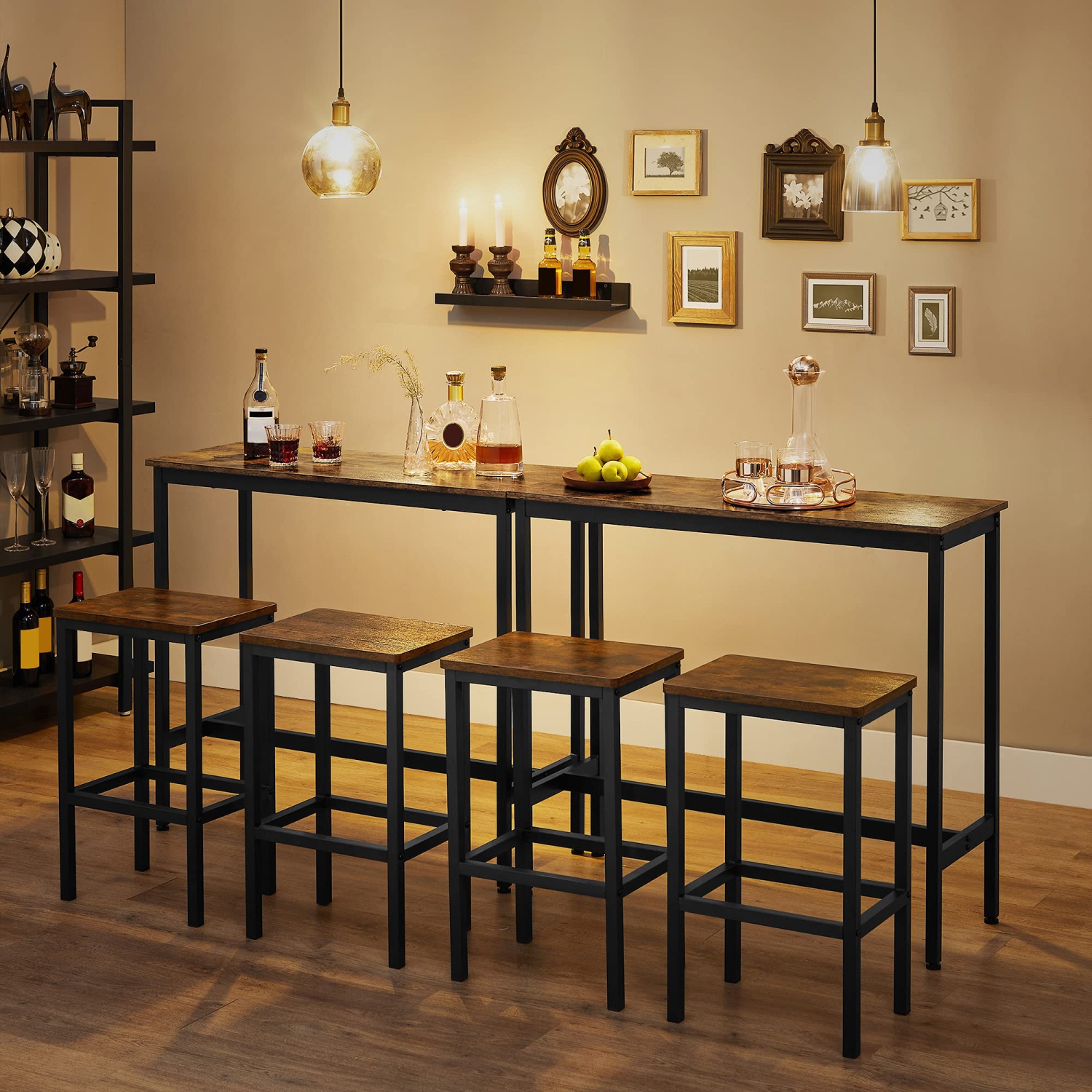 VASAGLE Dining Table Set, Bar Table and Chairs Set, Industrial, Rustic Brown and Black ULBT218B01
