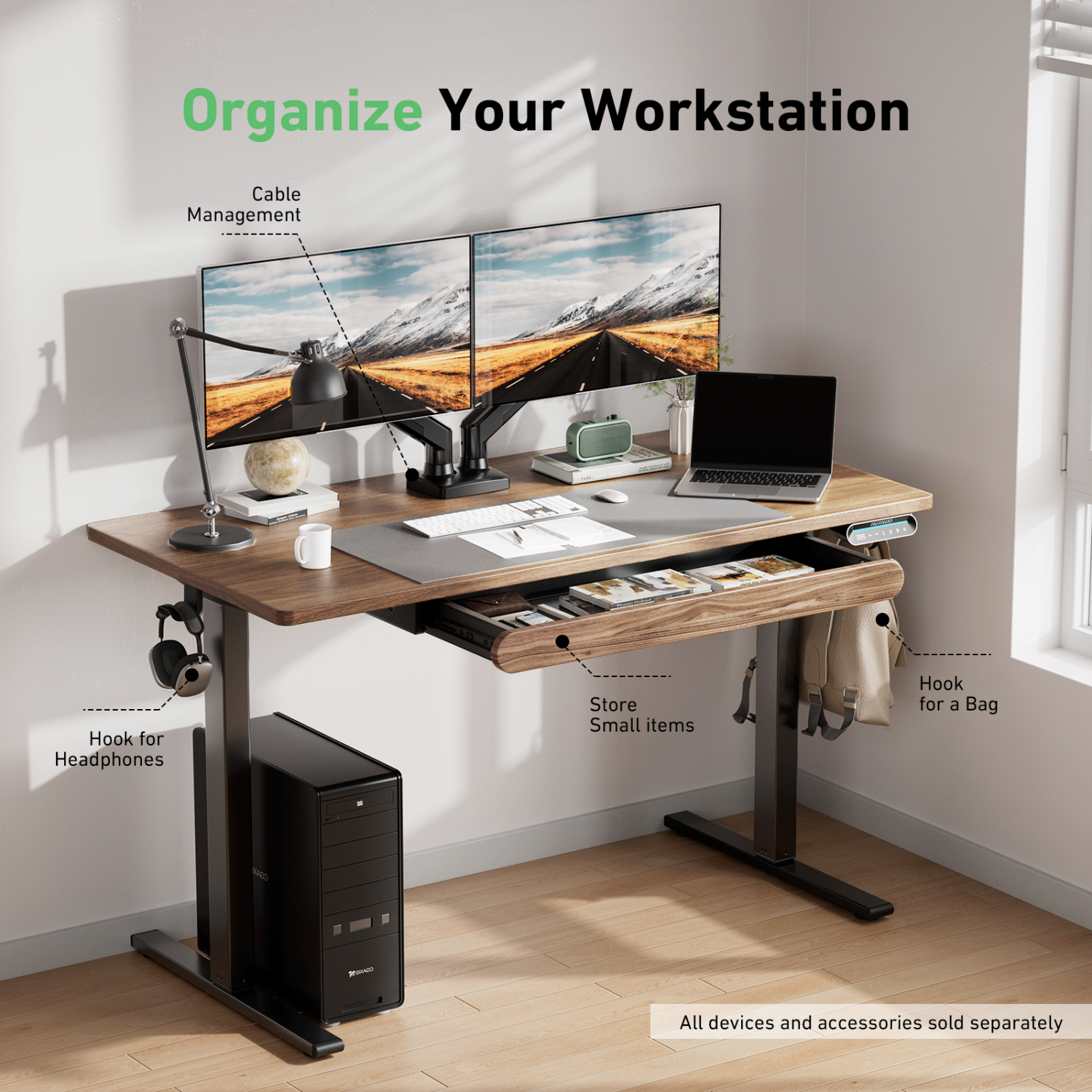 Huanuo 120cm x 60cm Walnut Adjustable Height Electric Standing Desk with Drawer, For Home or Office Space.