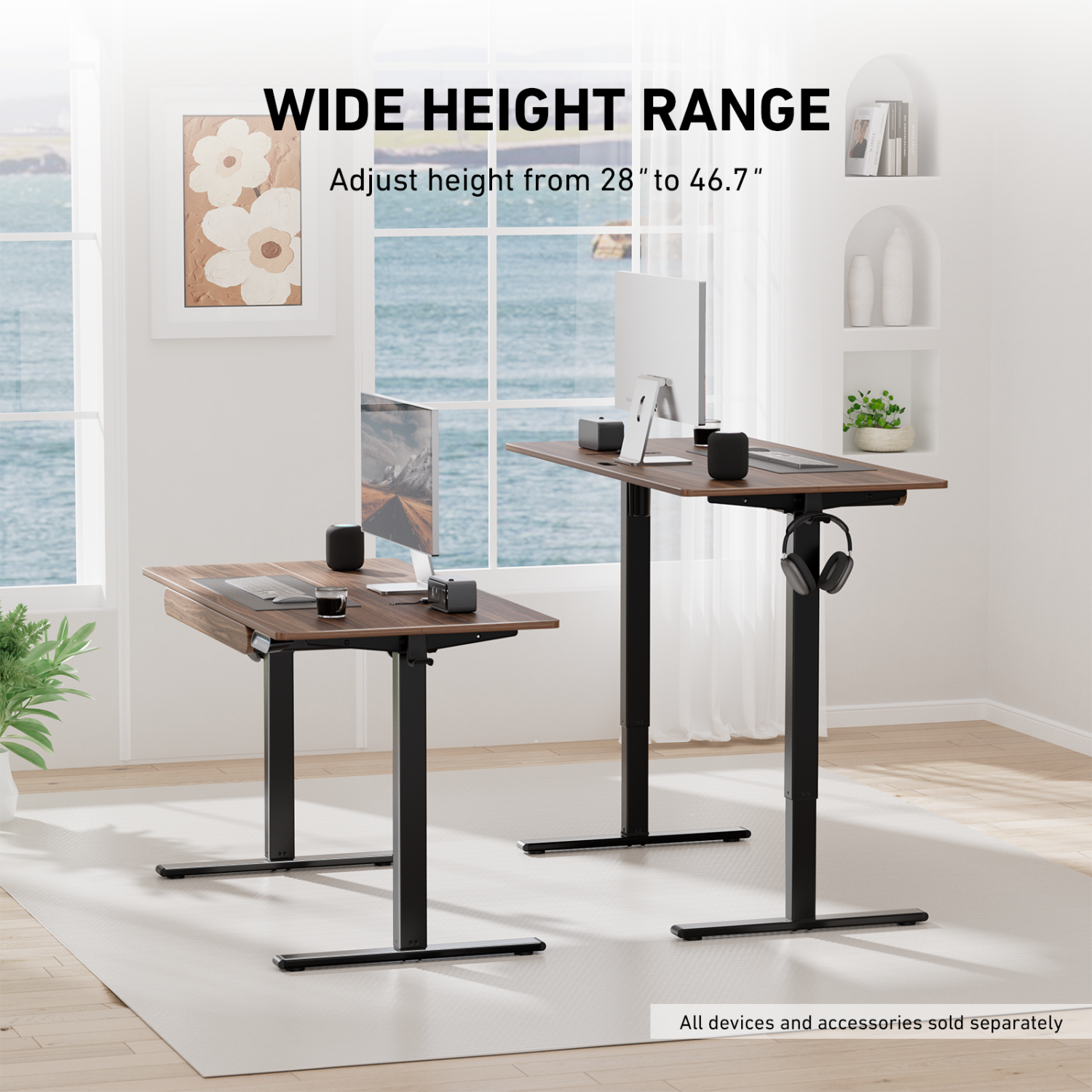 Huanuo 120cm x 60cm Walnut Adjustable Height Electric Standing Desk with Drawer, For Home or Office Space.