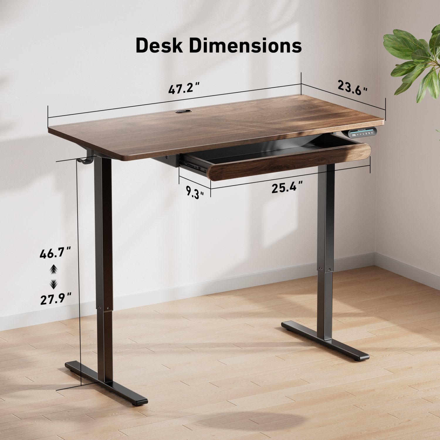 Huanuo 120cm x 60cm Walnut Adjustable Height Electric Standing Desk with Drawer, For Home or Office Space.