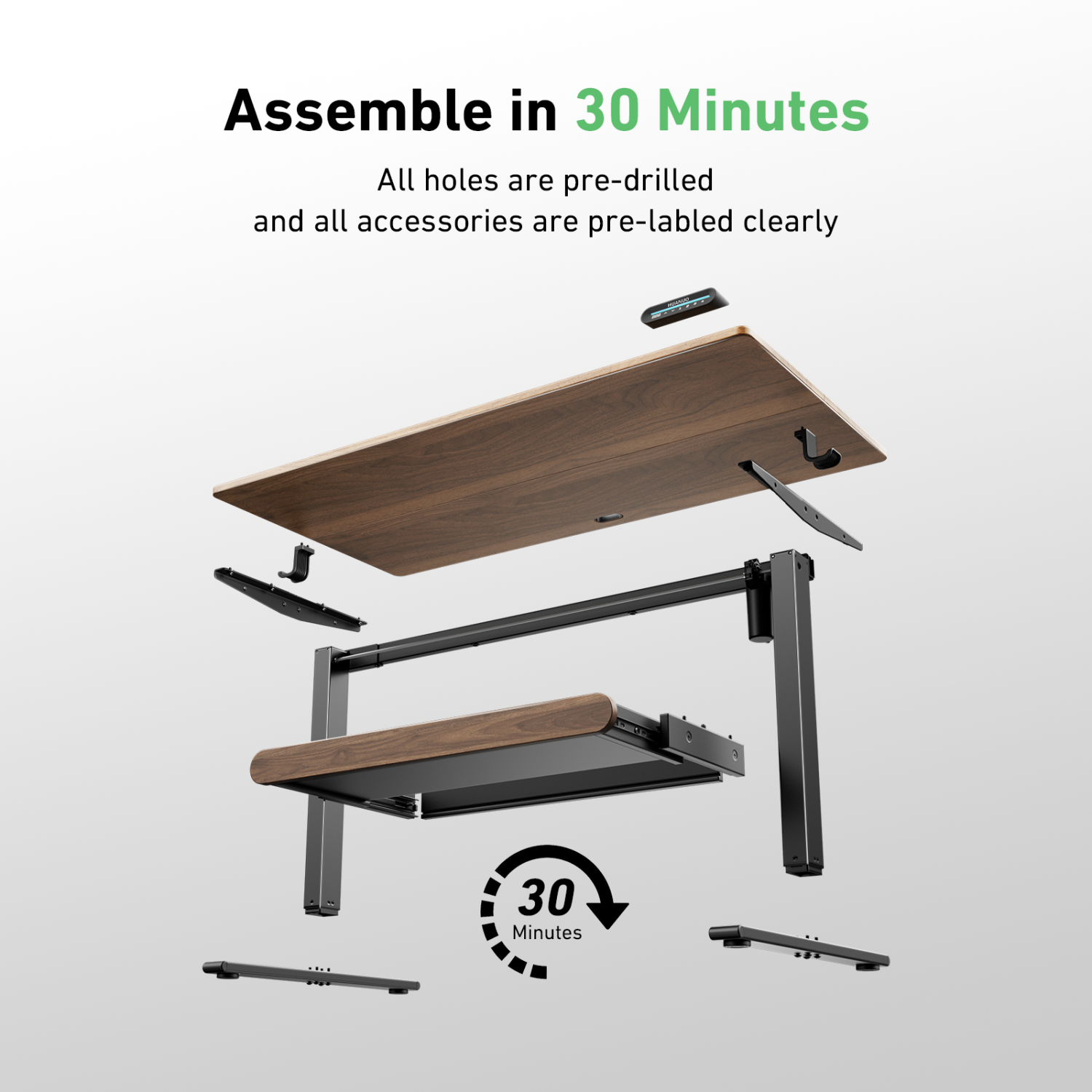 Huanuo 120cm x 60cm Walnut Adjustable Height Electric Standing Desk with Drawer, For Home or Office Space.