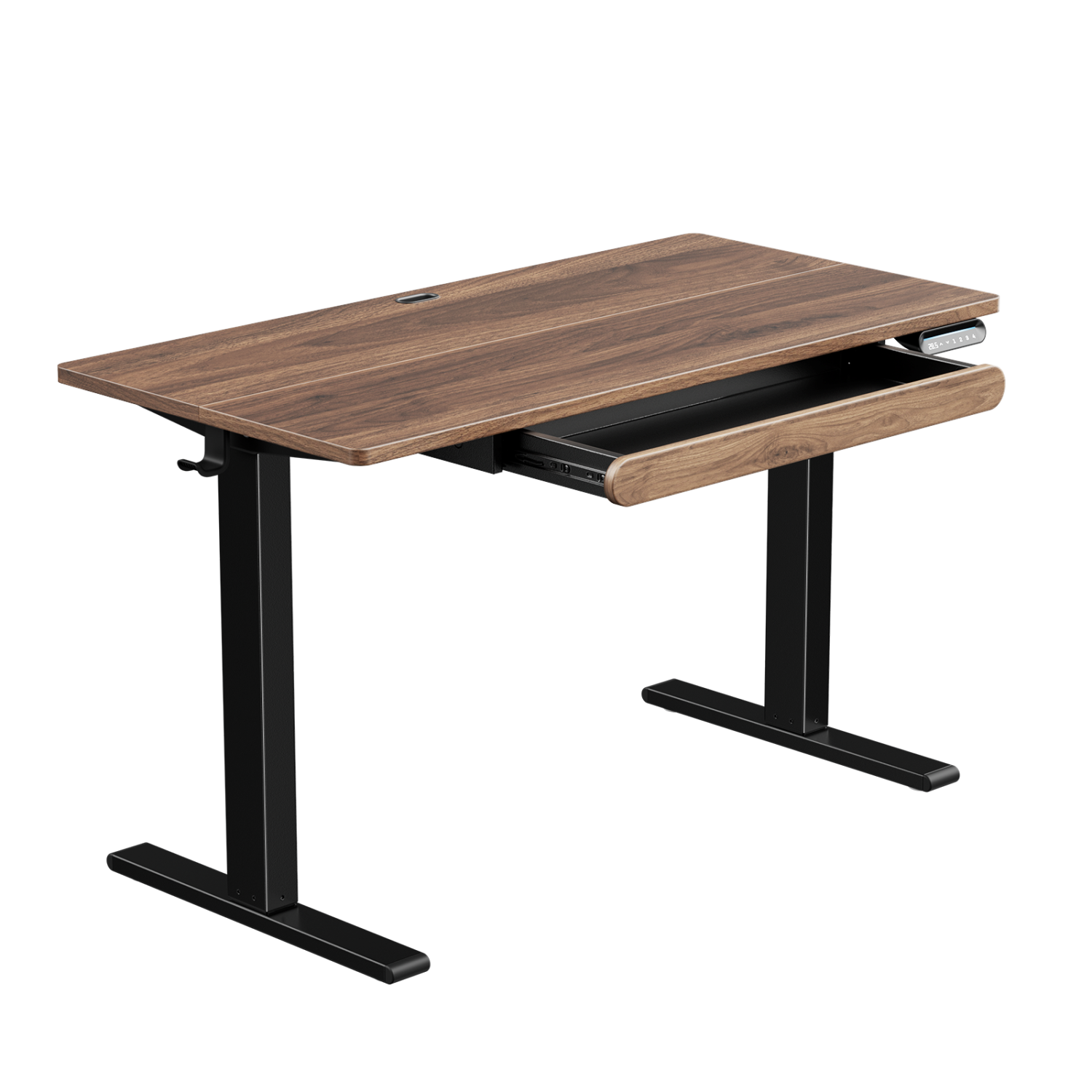 Huanuo 120cm x 60cm Walnut Adjustable Height Electric Standing Desk with Drawer, For Home or Office Space.