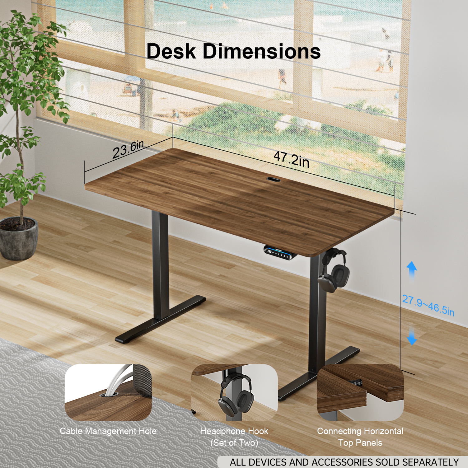 Bureau debout électrique à hauteur ajustable de 120 x 60&nbsp;cm de Huanuo, noyer. Idéal pour un poste de travail informatique à la maison et au
