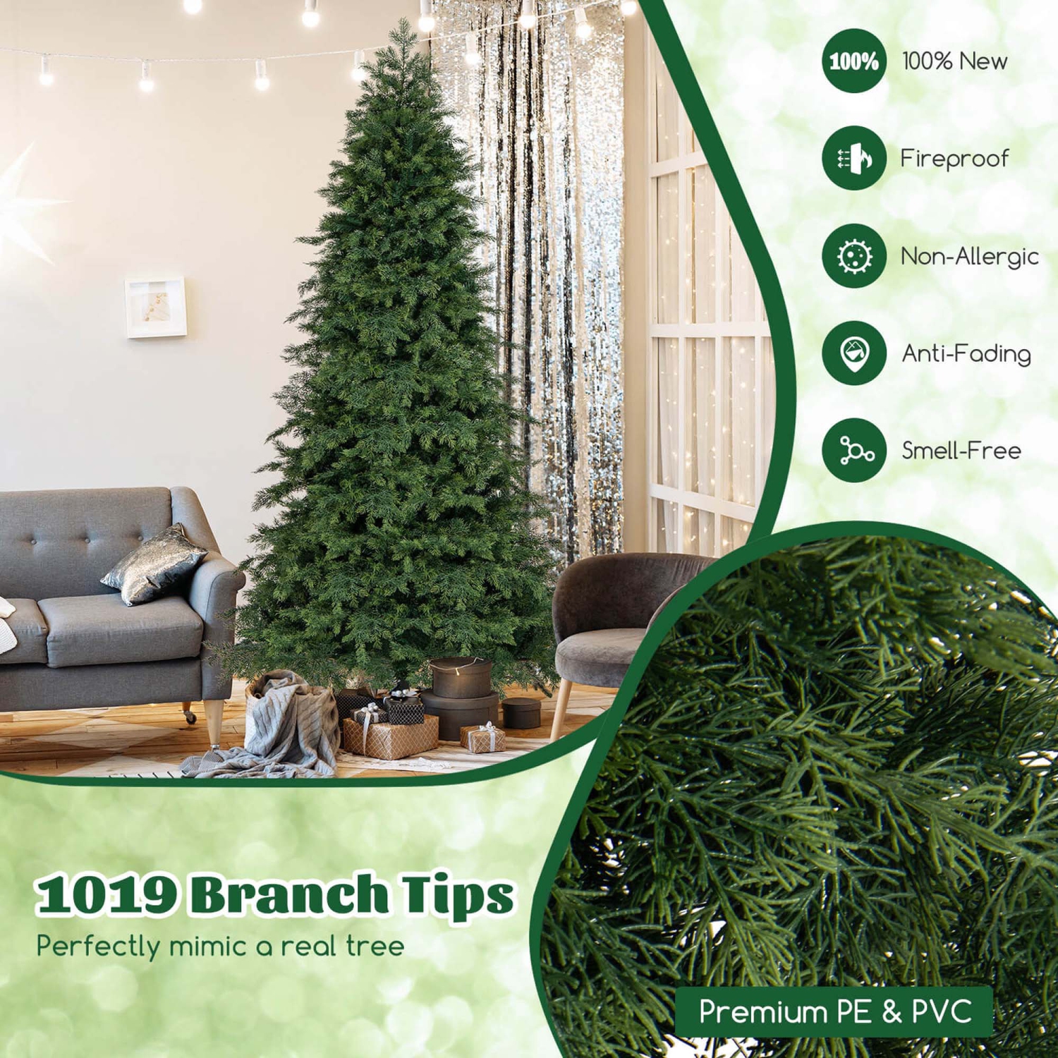 Arbre de Noël artificiel de 7,5 pi de Costway avec 1019 embouts de branches en PVC et support pliable en métal