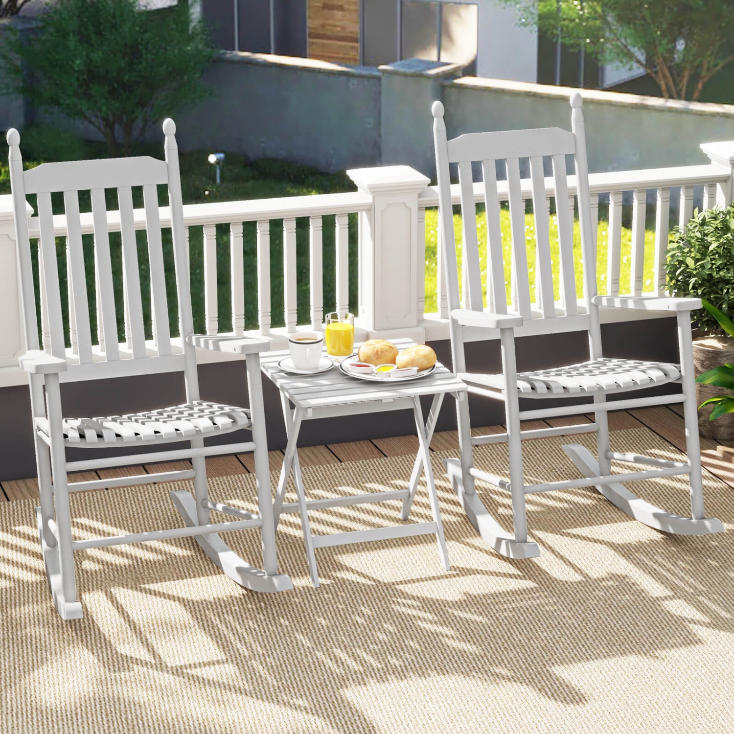 Costway Outdoor Wooden Rocking Chair with Solid Rocking Base Slatted Seat & Back Patio