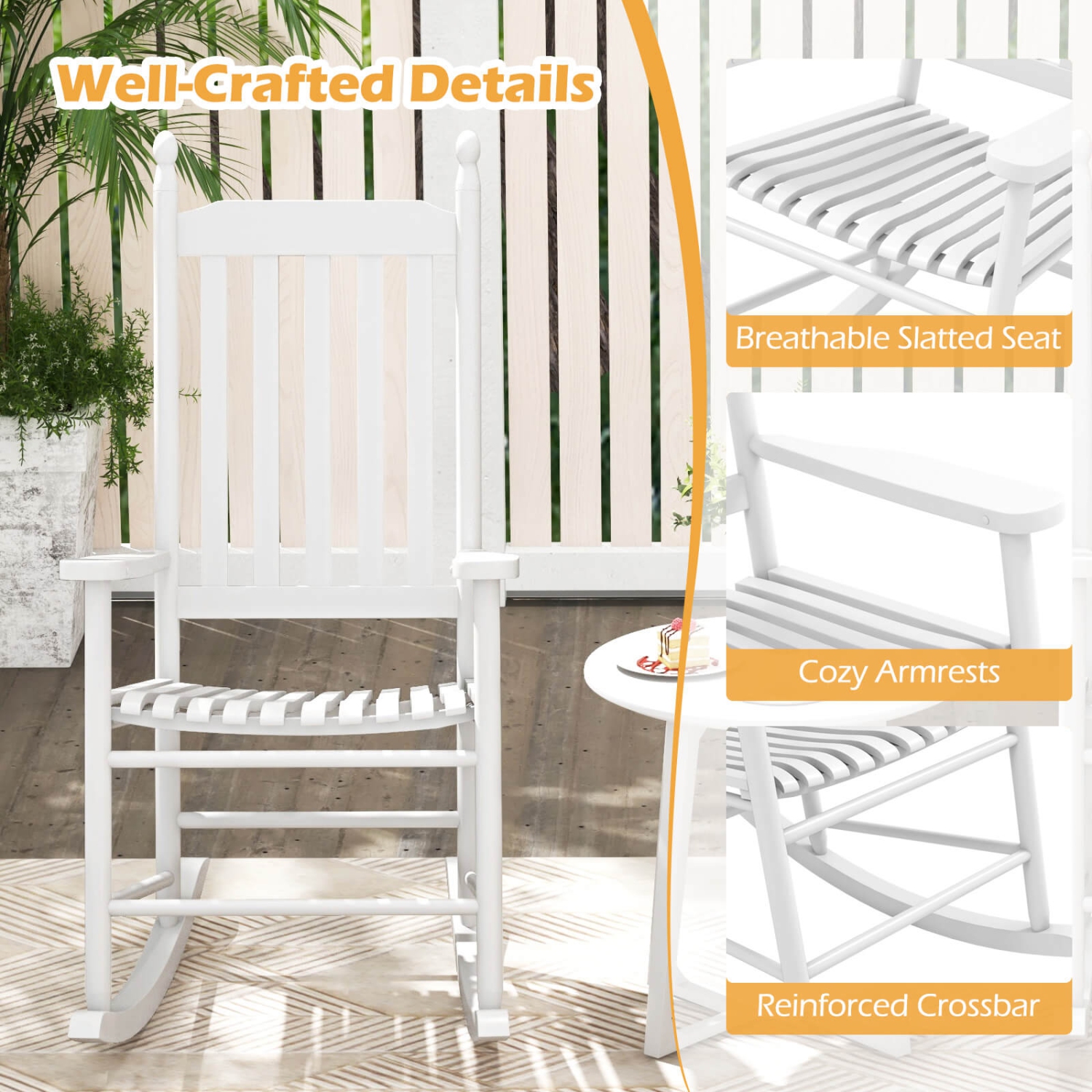Costway Outdoor Wooden Rocking Chair with Solid Rocking Base Slatted Seat & Back Patio