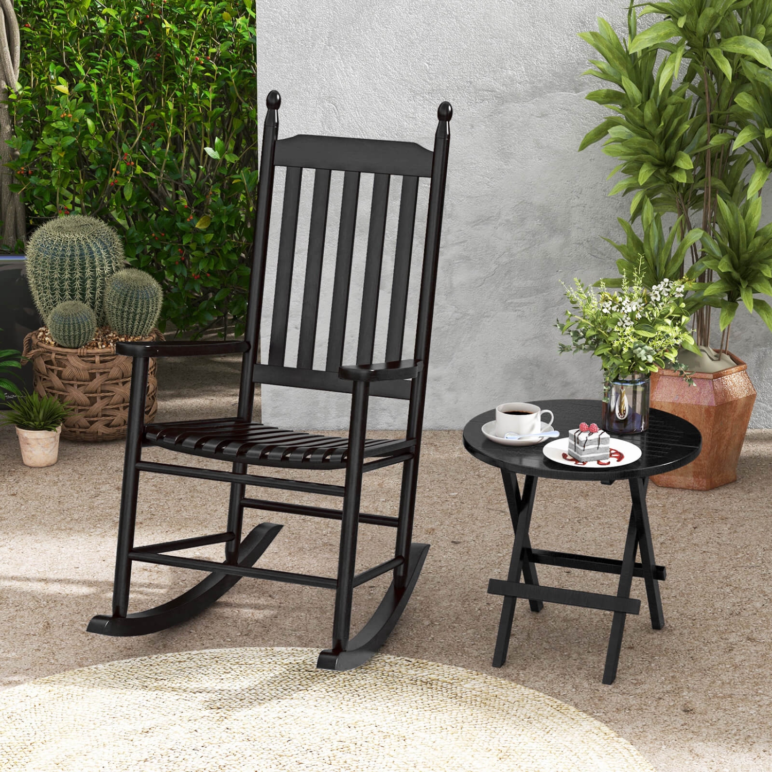 Costway Outdoor Wooden Rocking Chair with Solid Rocking Base Slatted Seat & Back Patio