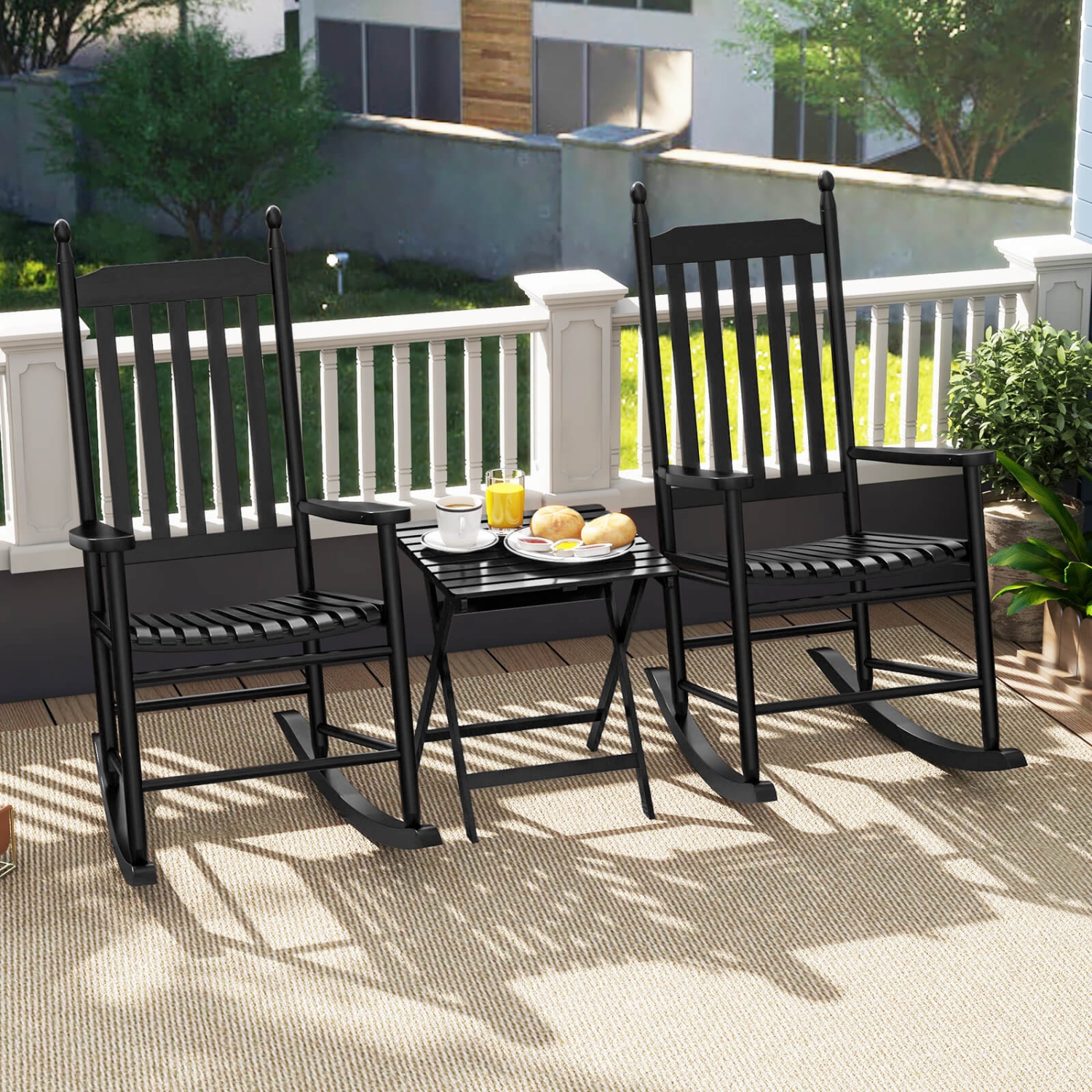 Costway Outdoor Wooden Rocking Chair with Solid Rocking Base Slatted Seat & Back Patio