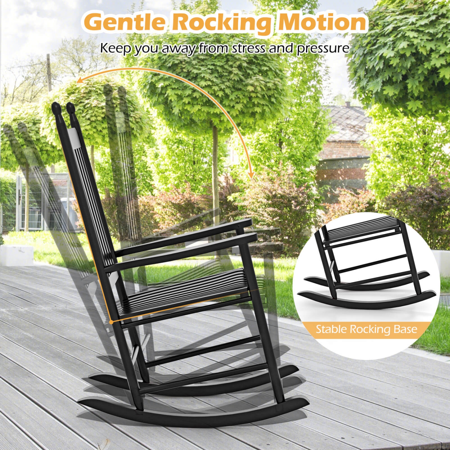 Costway Outdoor Wooden Rocking Chair with Solid Rocking Base Slatted Seat & Back Patio