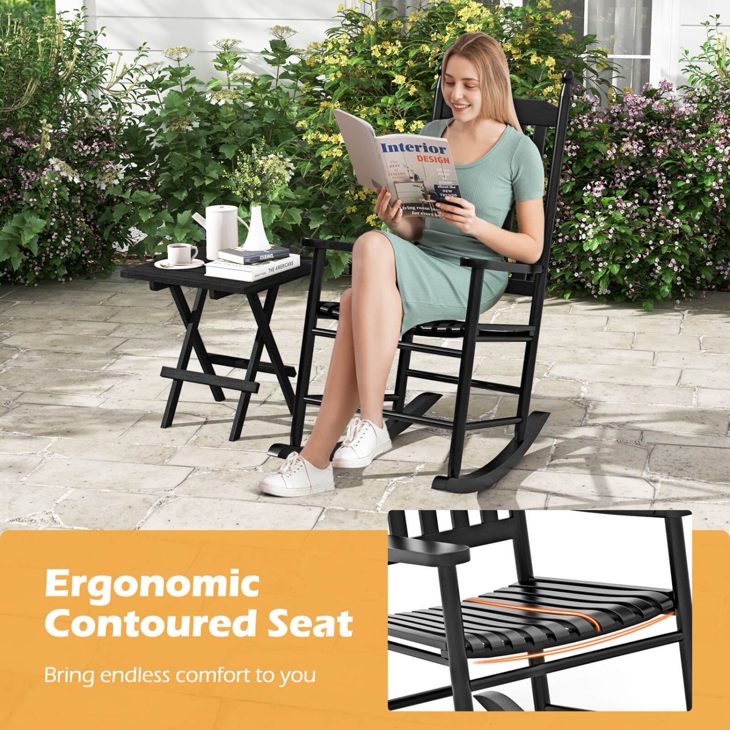 Costway Outdoor Wooden Rocking Chair with Solid Rocking Base Slatted Seat & Back Patio