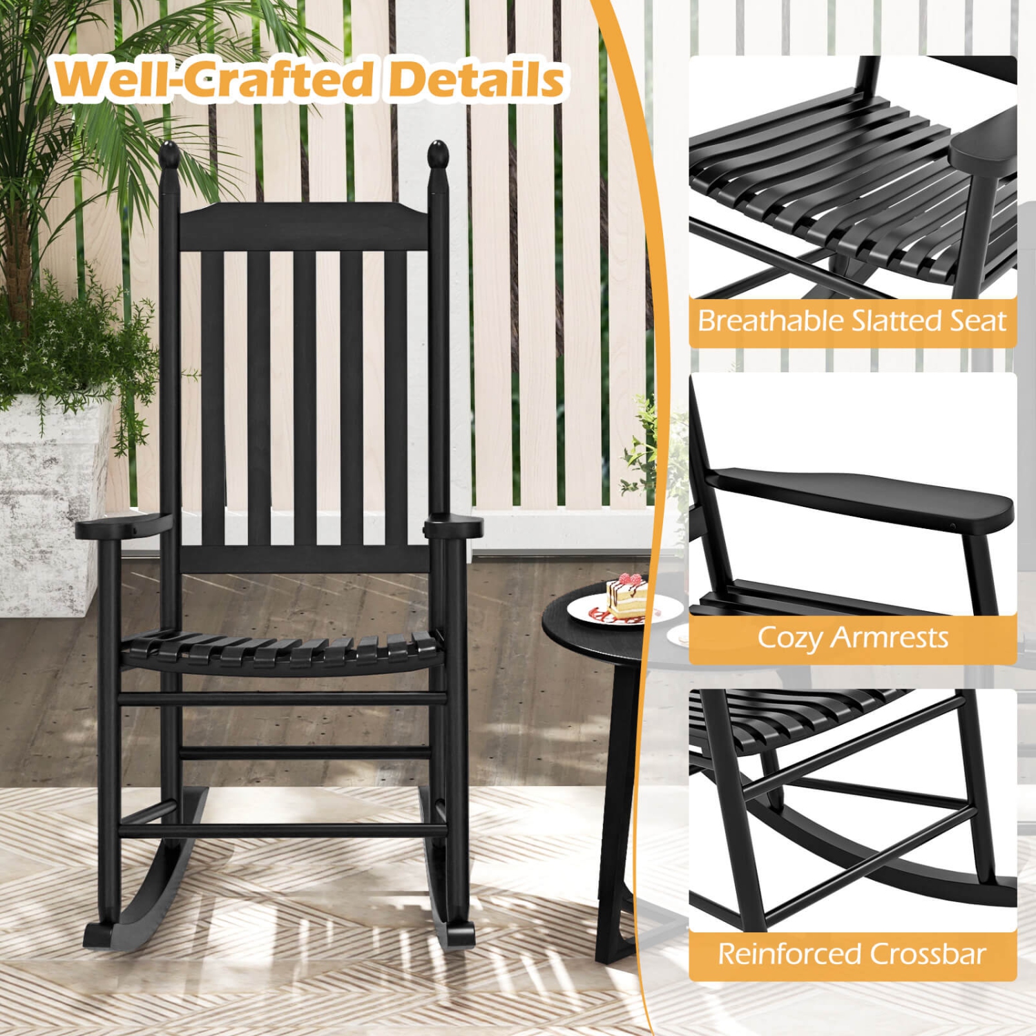 Costway Outdoor Wooden Rocking Chair with Solid Rocking Base Slatted Seat & Back Patio