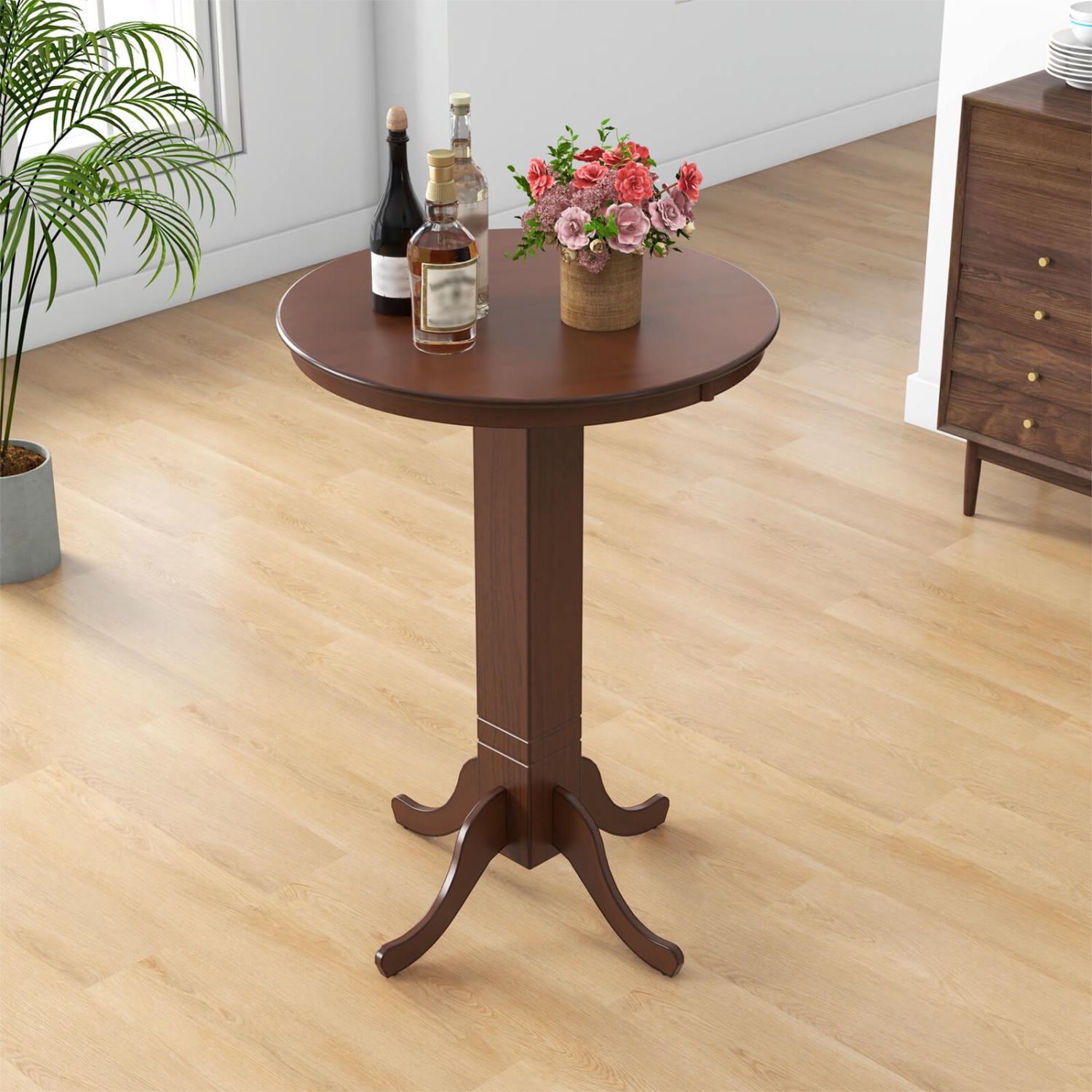 Costway 30 Inch Wood Pub Round Dining Table with Pedestal Base Kitchen Diner Table
