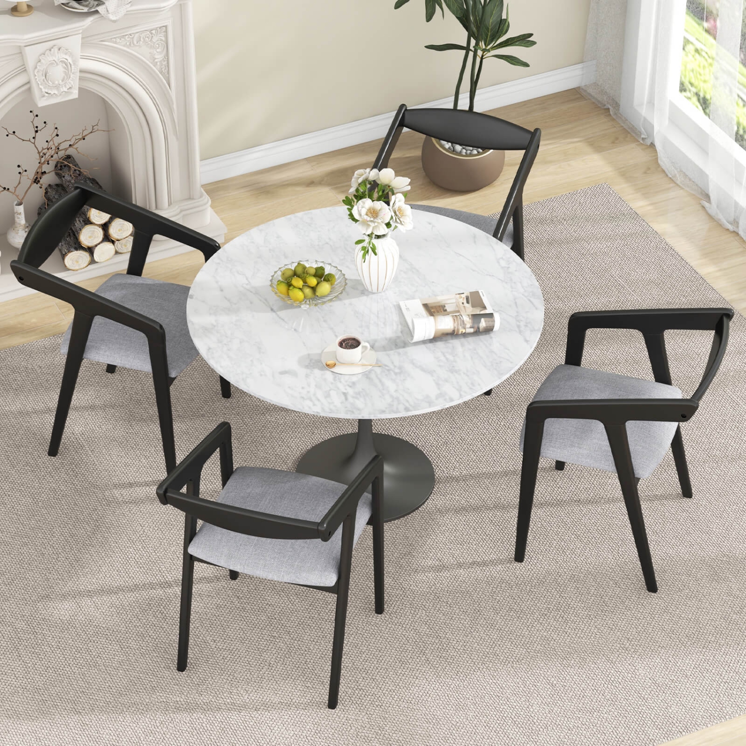 Costway Wooden Dining Chair Set of 2 with Rubber Wood Frame Armrests Padded Cushion