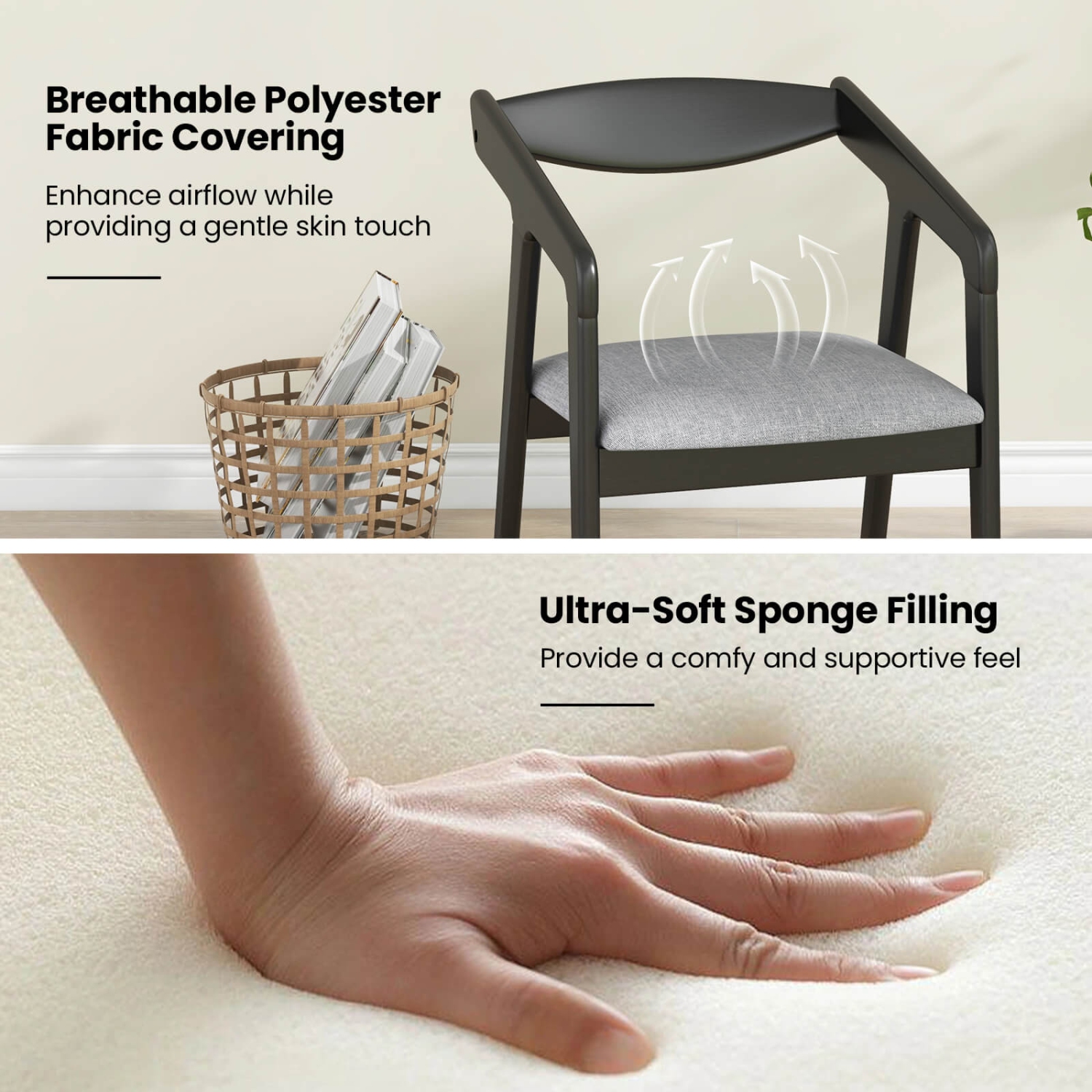 Costway Wooden Dining Chair Set of 2 with Rubber Wood Frame Armrests Padded Cushion