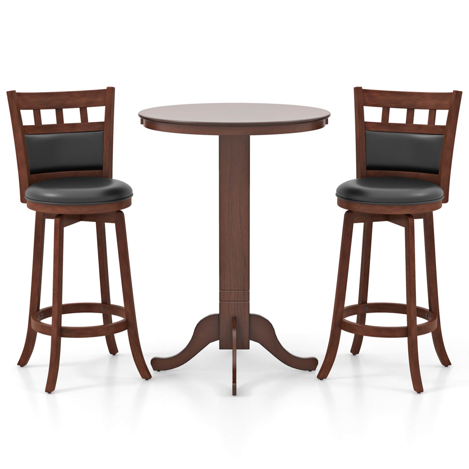 Costway 3 PCS Wood Bar Dining Set Table with Pedestal Base & 2 Upholstered Swivel Stools