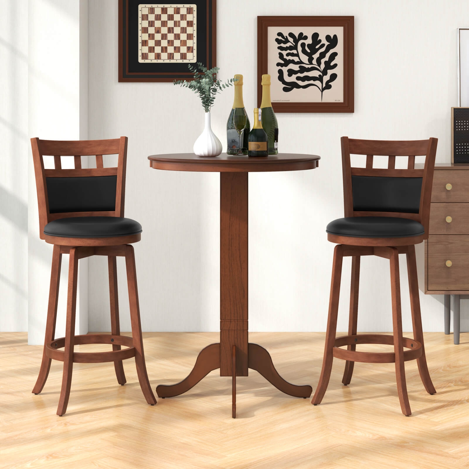 Costway 3 PCS Wood Bar Dining Set Table with Pedestal Base & 2 Upholstered Swivel Stools