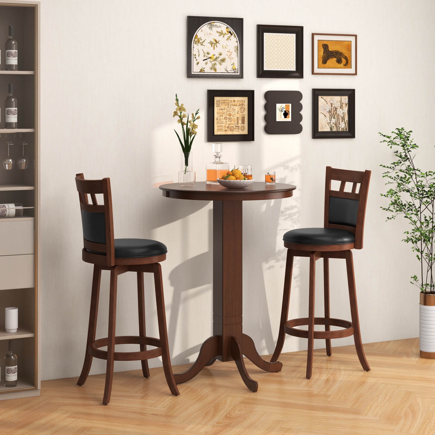 Costway 3 PCS Wood Bar Dining Set Table with Pedestal Base & 2 Upholstered Swivel Stools