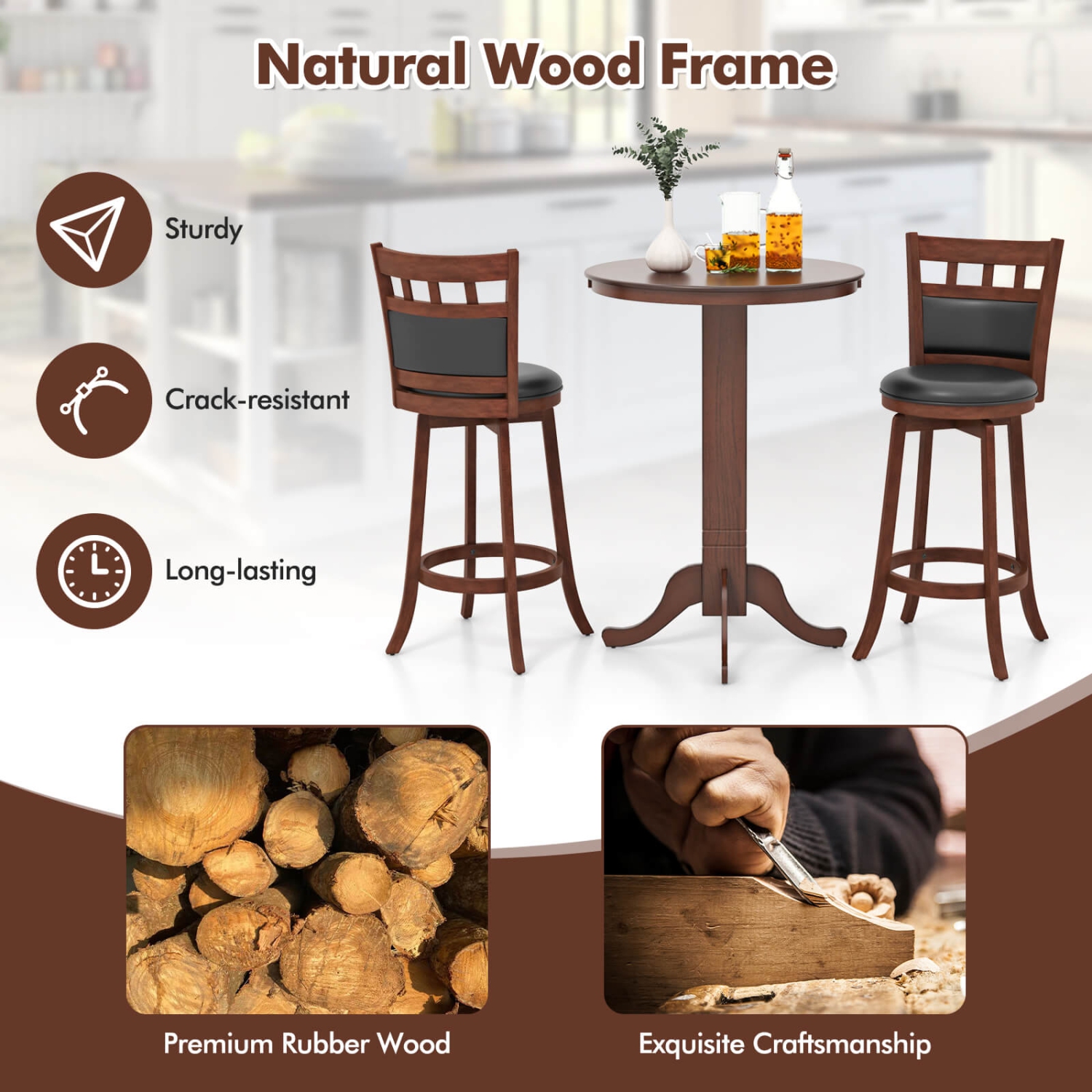 Costway 3 PCS Wood Bar Dining Set Table with Pedestal Base & 2 Upholstered Swivel Stools