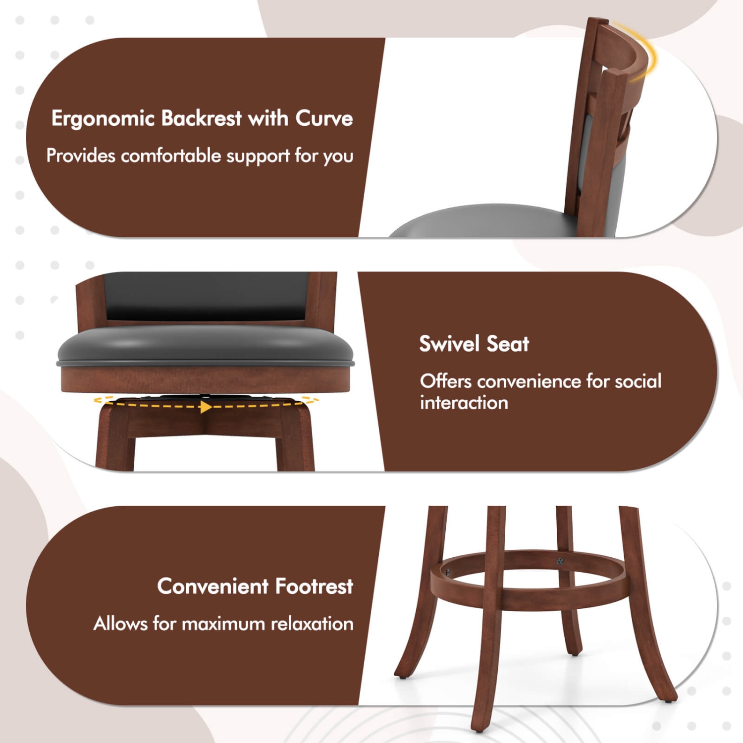 Costway 3 PCS Wood Bar Dining Set Table with Pedestal Base & 2 Upholstered Swivel Stools