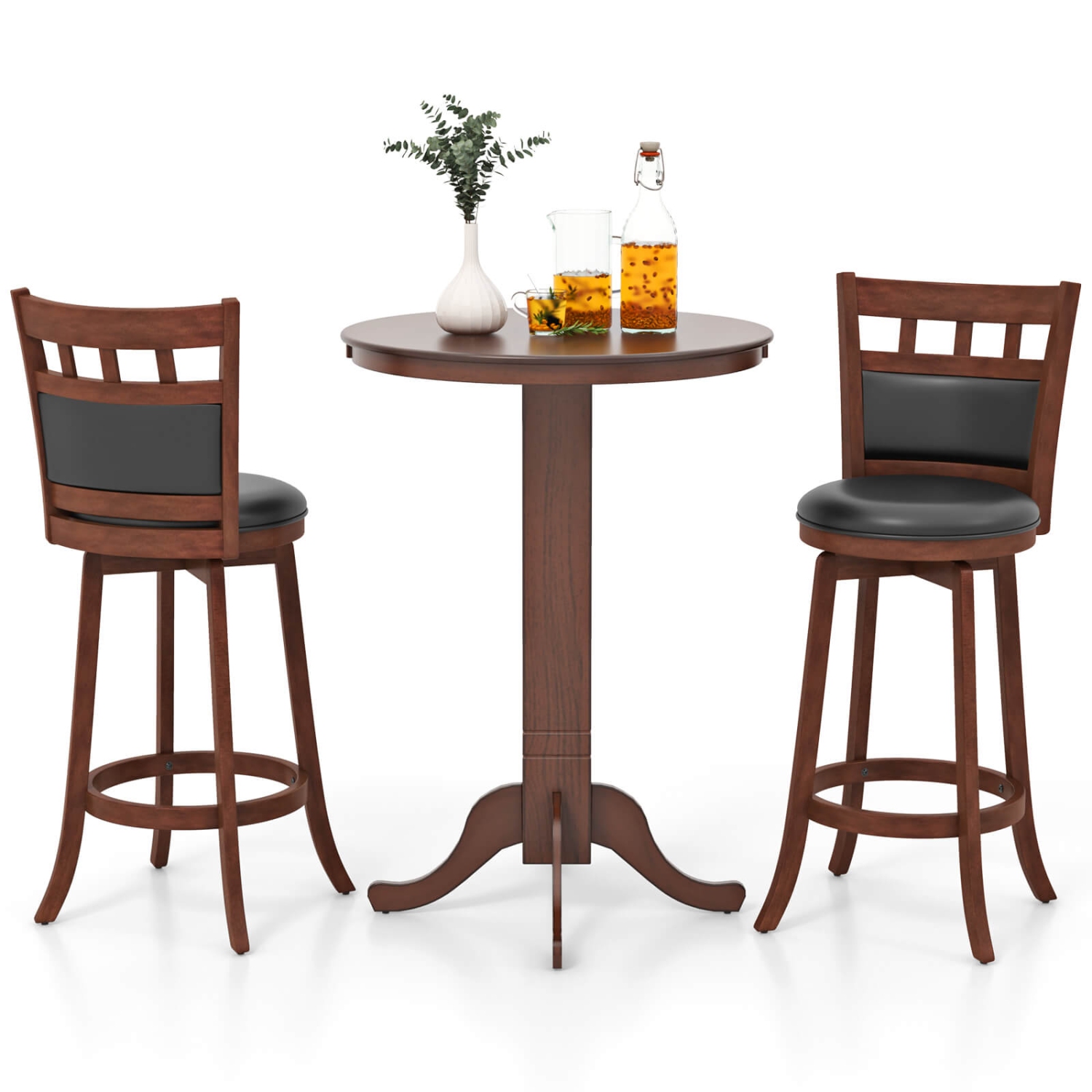 Costway 3 PCS Wood Bar Dining Set Table with Pedestal Base & 2 Upholstered Swivel Stools