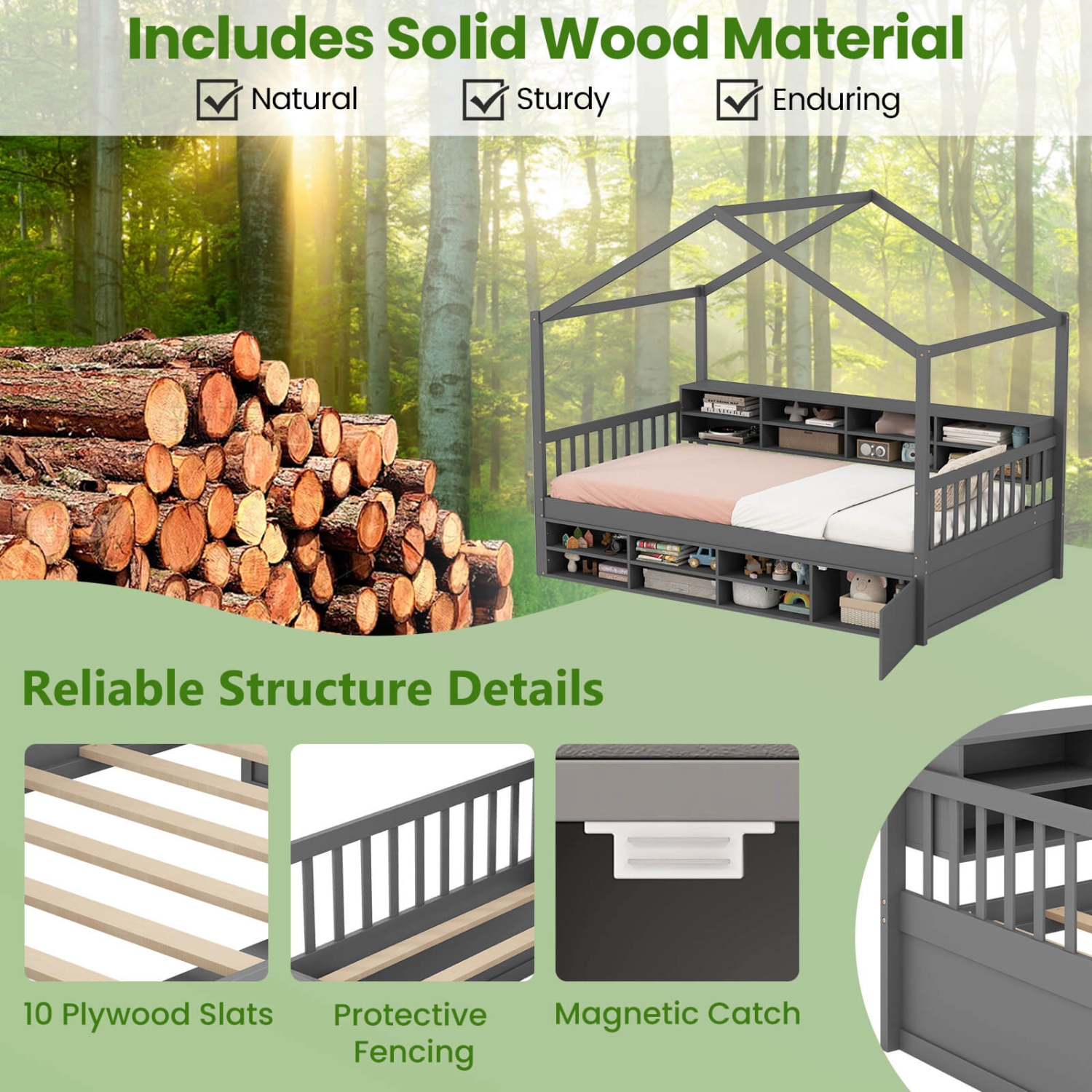 Costway Twin Size House Bed Wooden Platform Bed Frame with Roof & 14 Storage Cubes