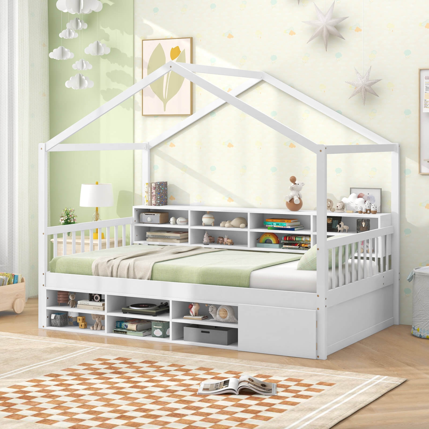 Cadre de lit simple plateforme en bois avec toit et 14 cubes de rangement de Costway