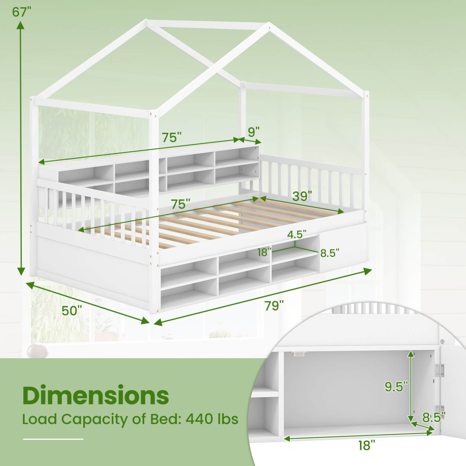 Cadre de lit simple plateforme en bois avec toit et 14 cubes de rangement de Costway