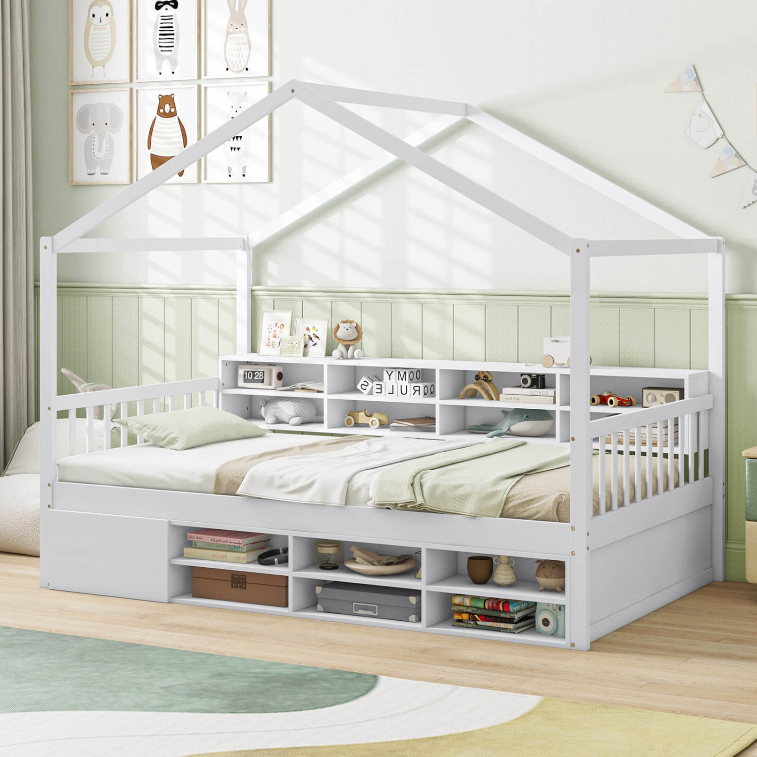 Cadre de lit simple plateforme en bois avec toit et 14 cubes de rangement de Costway