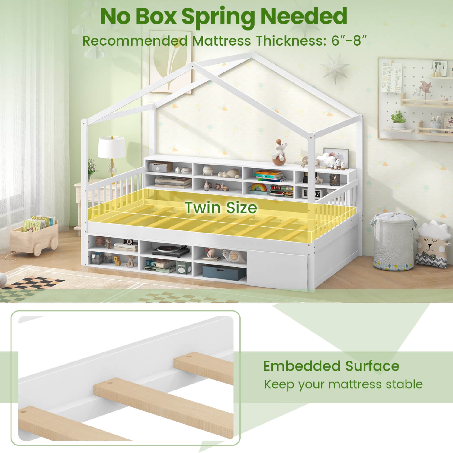 Cadre de lit simple plateforme en bois avec toit et 14 cubes de rangement de Costway