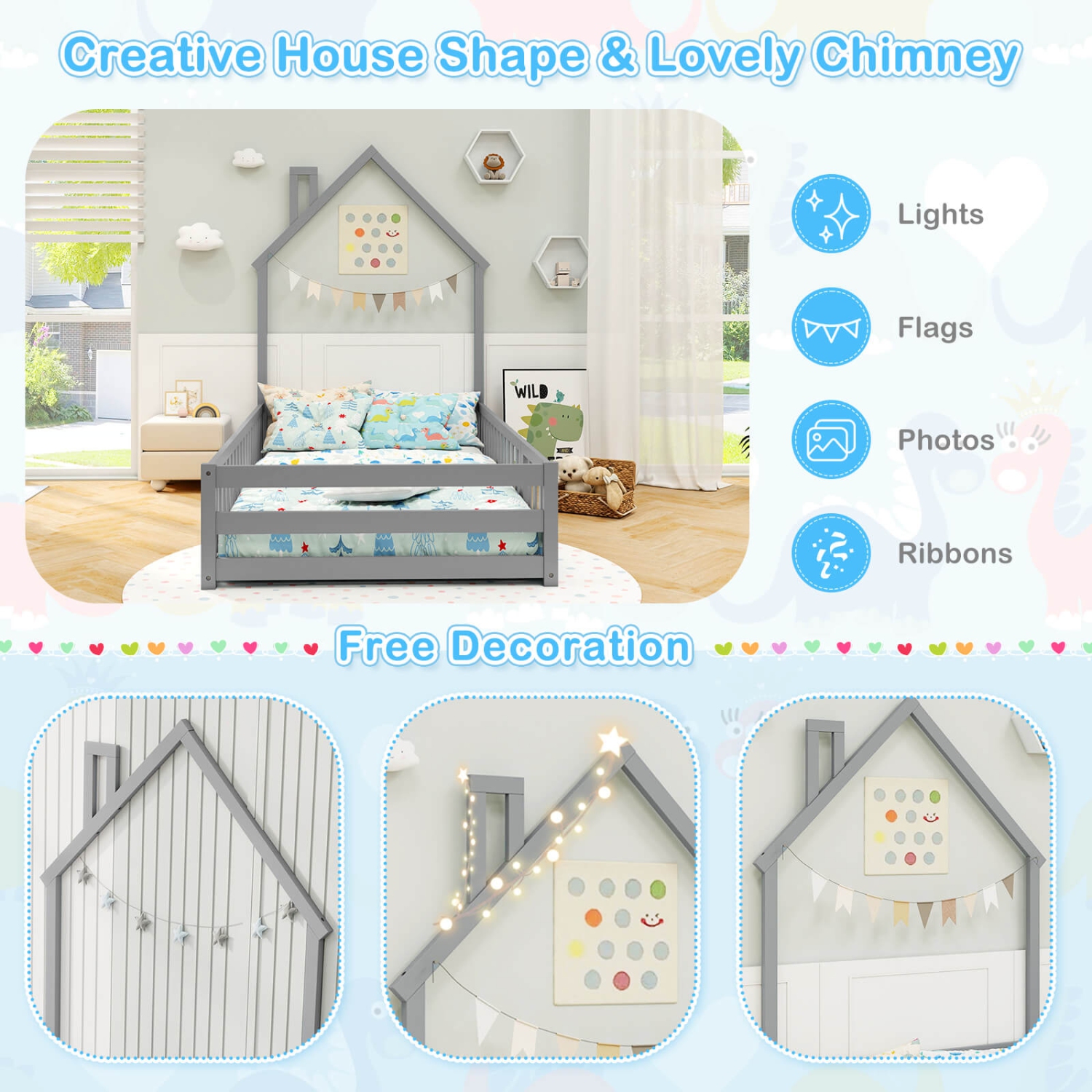 Lit de sol Montessori jumeau de Costway pour tout-petit avec barrière de sécurité pleine longueur à porte verrouillable