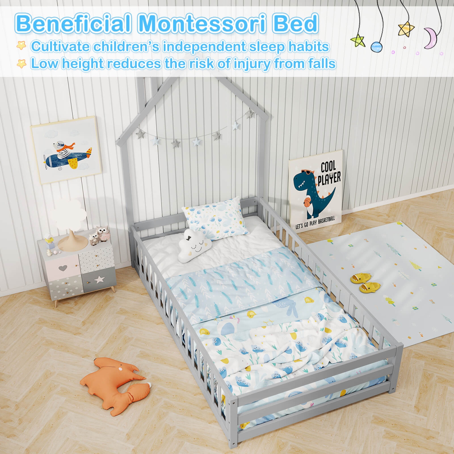 Lit de sol Montessori jumeau de Costway pour tout-petit avec barrière de sécurité pleine longueur à porte verrouillable