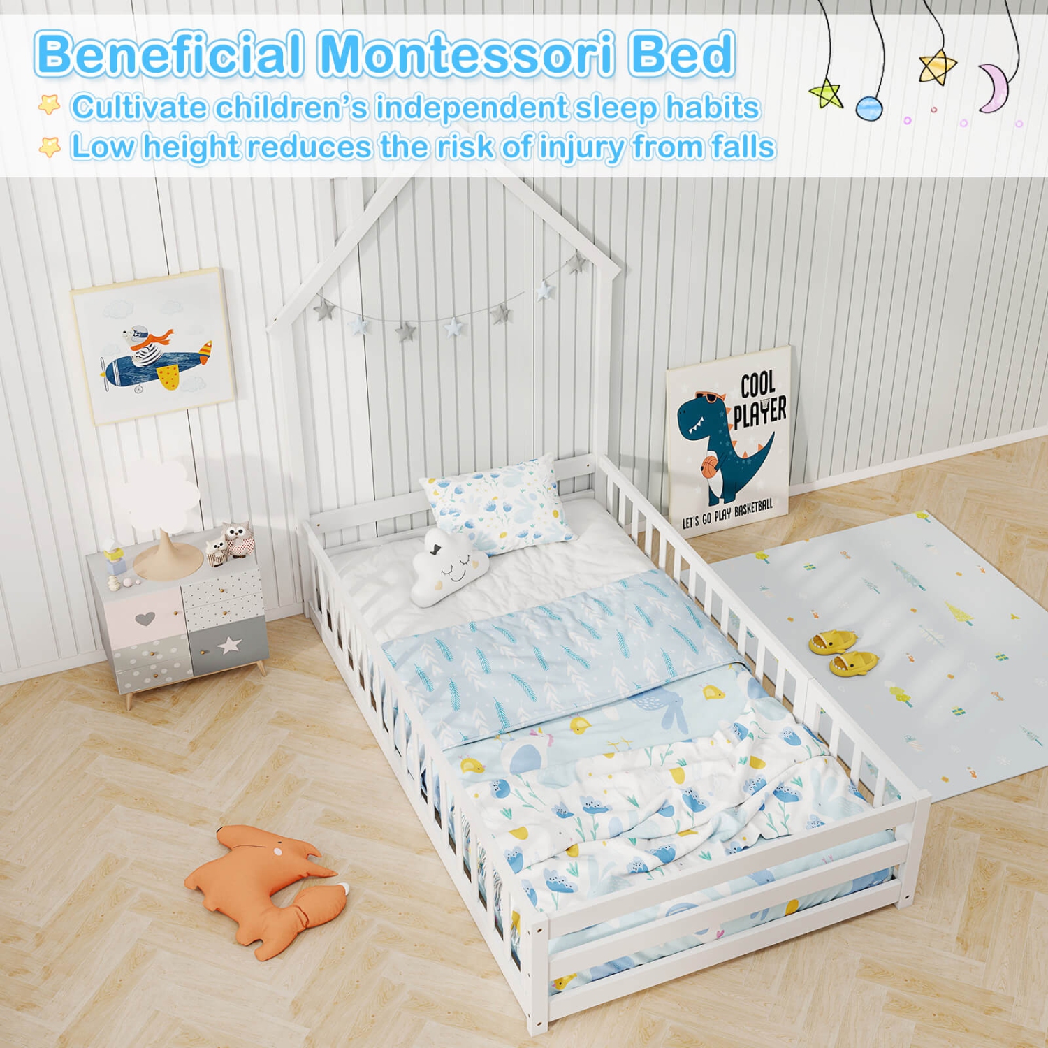 Lit de sol Montessori jumeau de Costway pour tout-petit avec barrière de sécurité pleine longueur à porte verrouillable